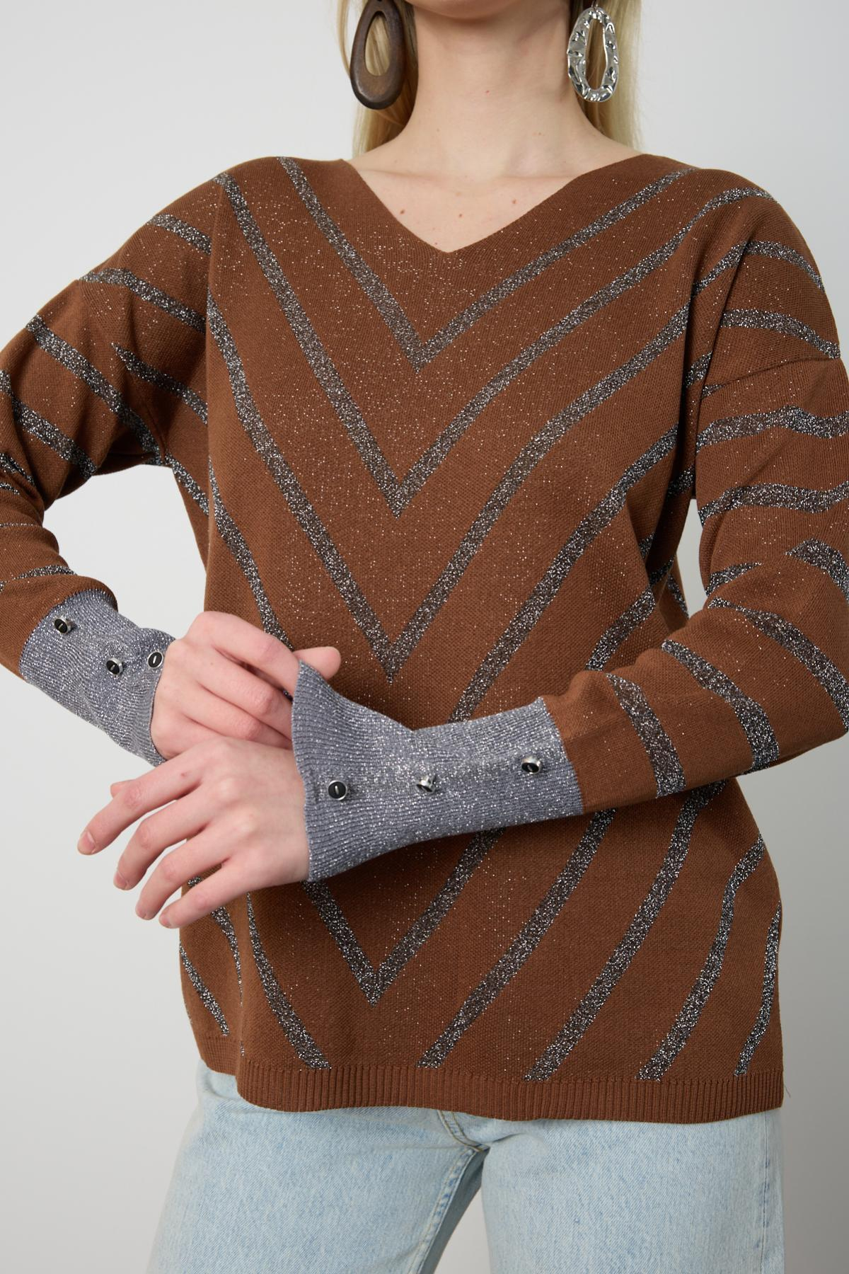 Wholesale Women Brown Glitter V Neck Knit Blouse with Buttons on Sleeves 724826