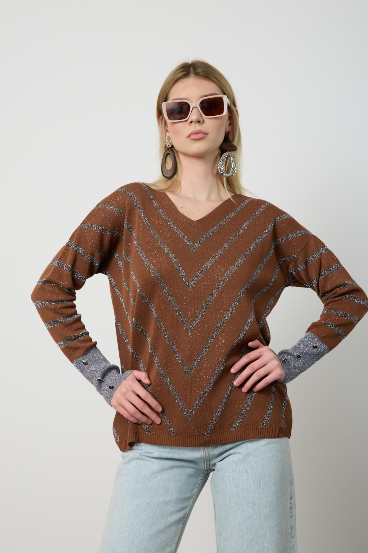 Wholesale Women Brown Glitter V Neck Knit Blouse with Buttons on Sleeves 724826