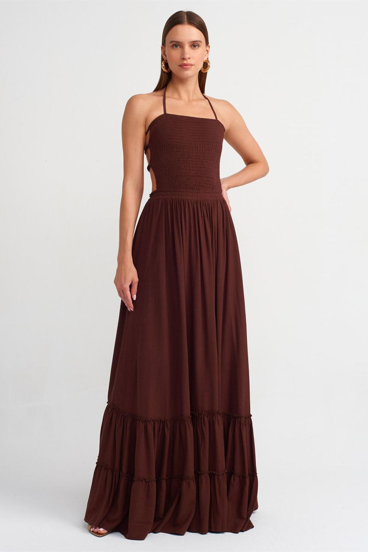 Wholesale Women Brown  Long Linen Dress 706870