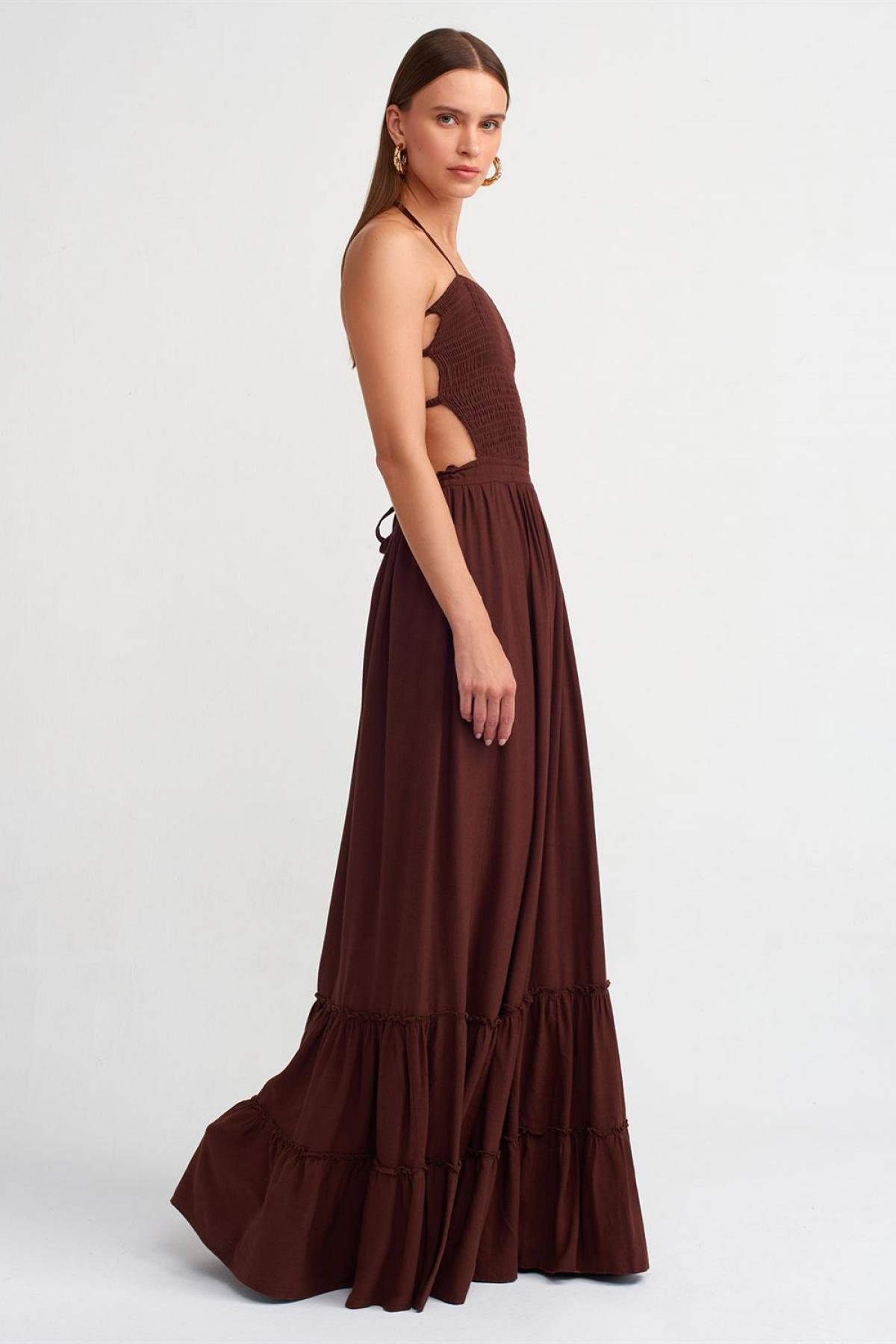 Wholesale Women Brown  Long Linen Dress 706870