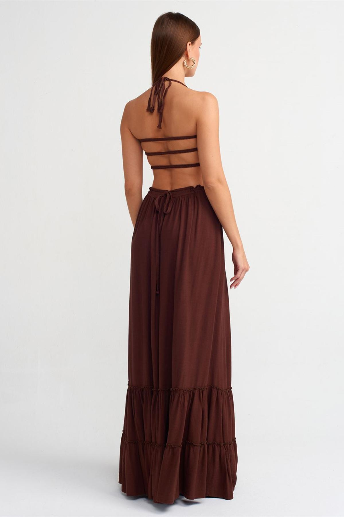 Wholesale Women Brown  Long Linen Dress 706870