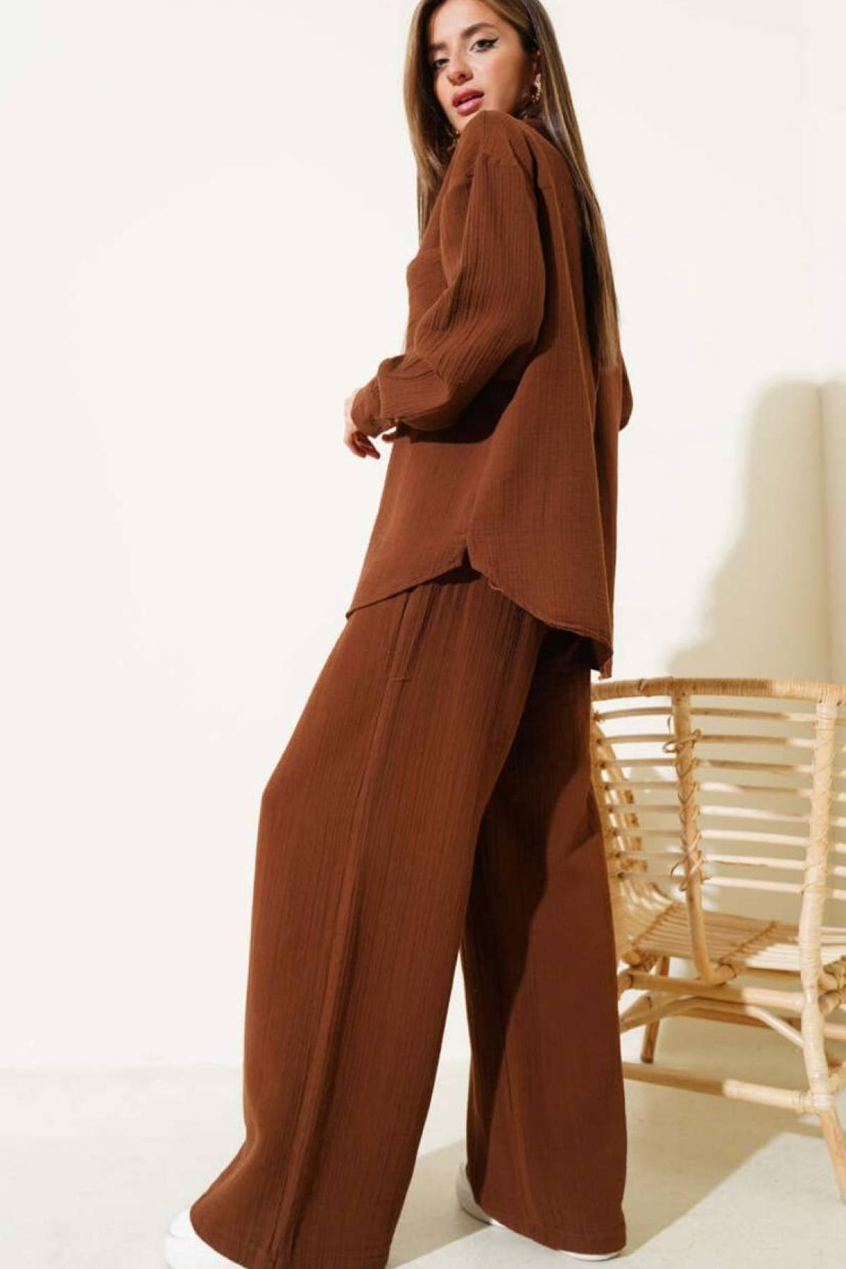 Wholesale Women Brown Muslin Fabric Shirt Trouser Set 731152