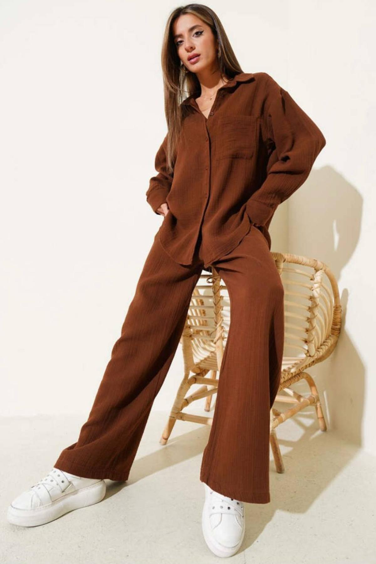 Wholesale Women Brown Muslin Fabric Shirt Trouser Set 731152