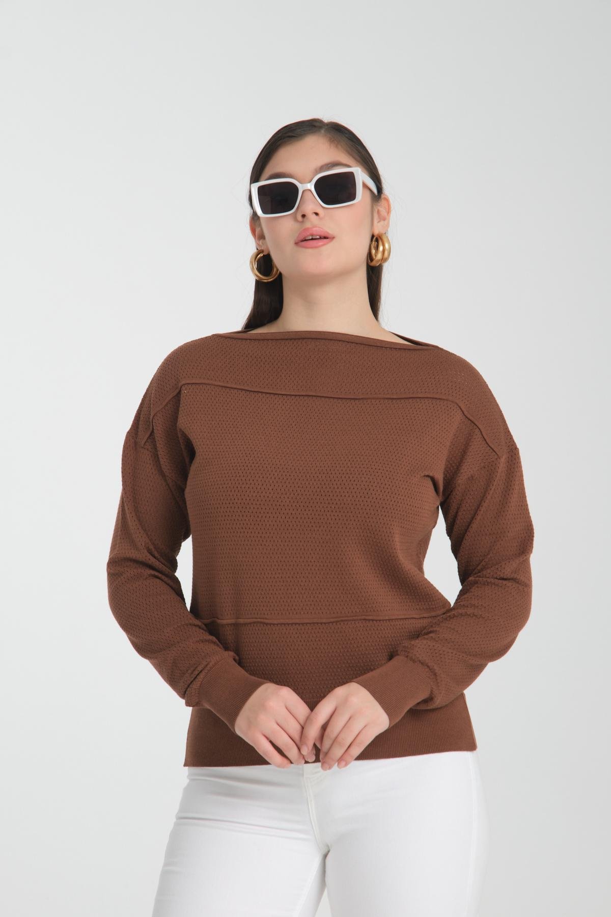 Wholesale Women Brown Openwork Boat Neck Knit Blouse 722668