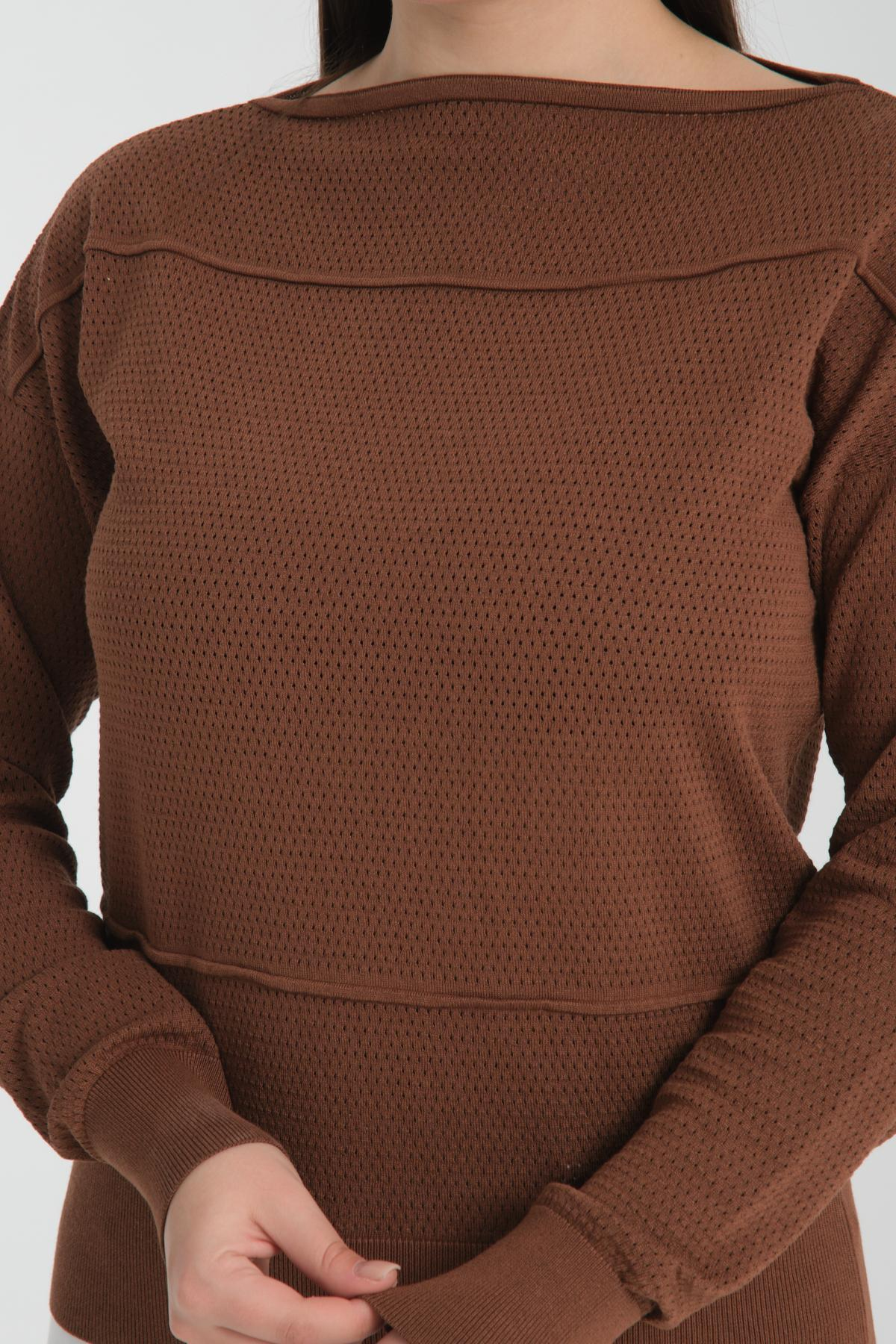 Wholesale Women Brown Openwork Boat Neck Knit Blouse 722668