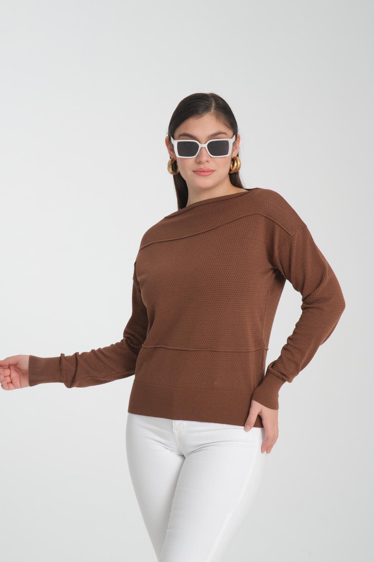 Wholesale Women Brown Openwork Boat Neck Knit Blouse 722668
