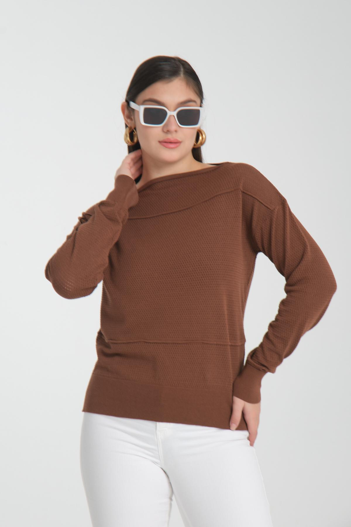 Wholesale Women Brown Openwork Boat Neck Knit Blouse 722668