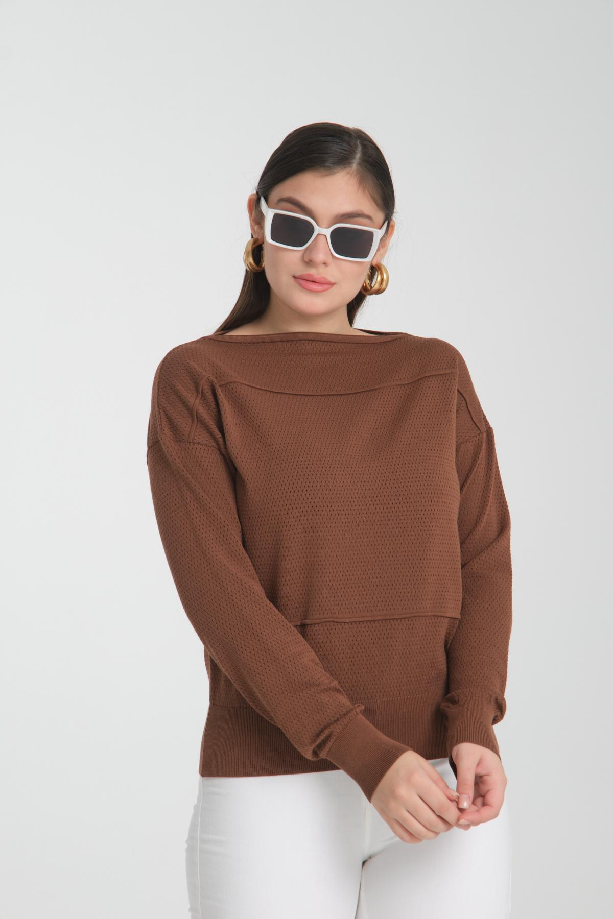 Wholesale Women Brown Openwork Boat Neck Knit Blouse 722668