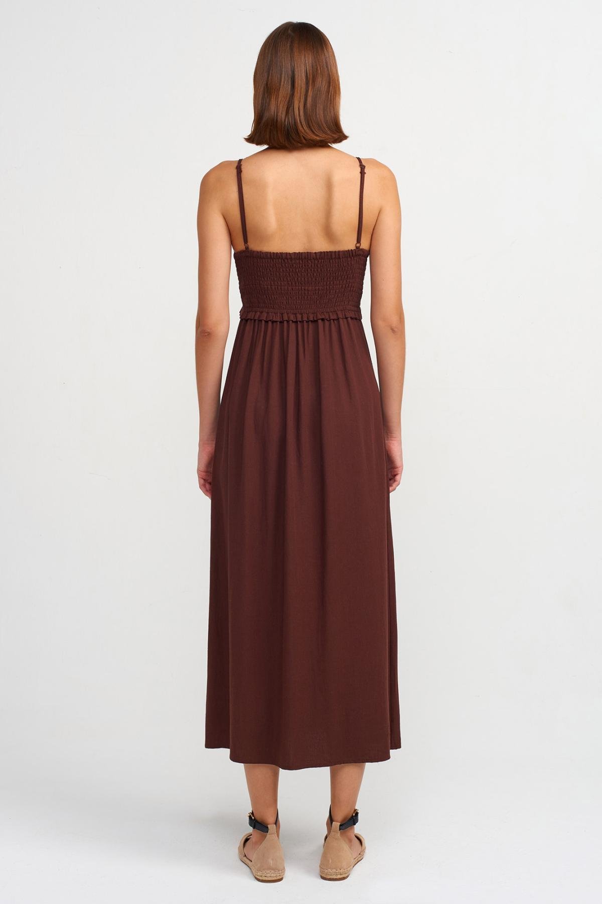 Wholesale Women Brown Pleated Midi Dress 725501