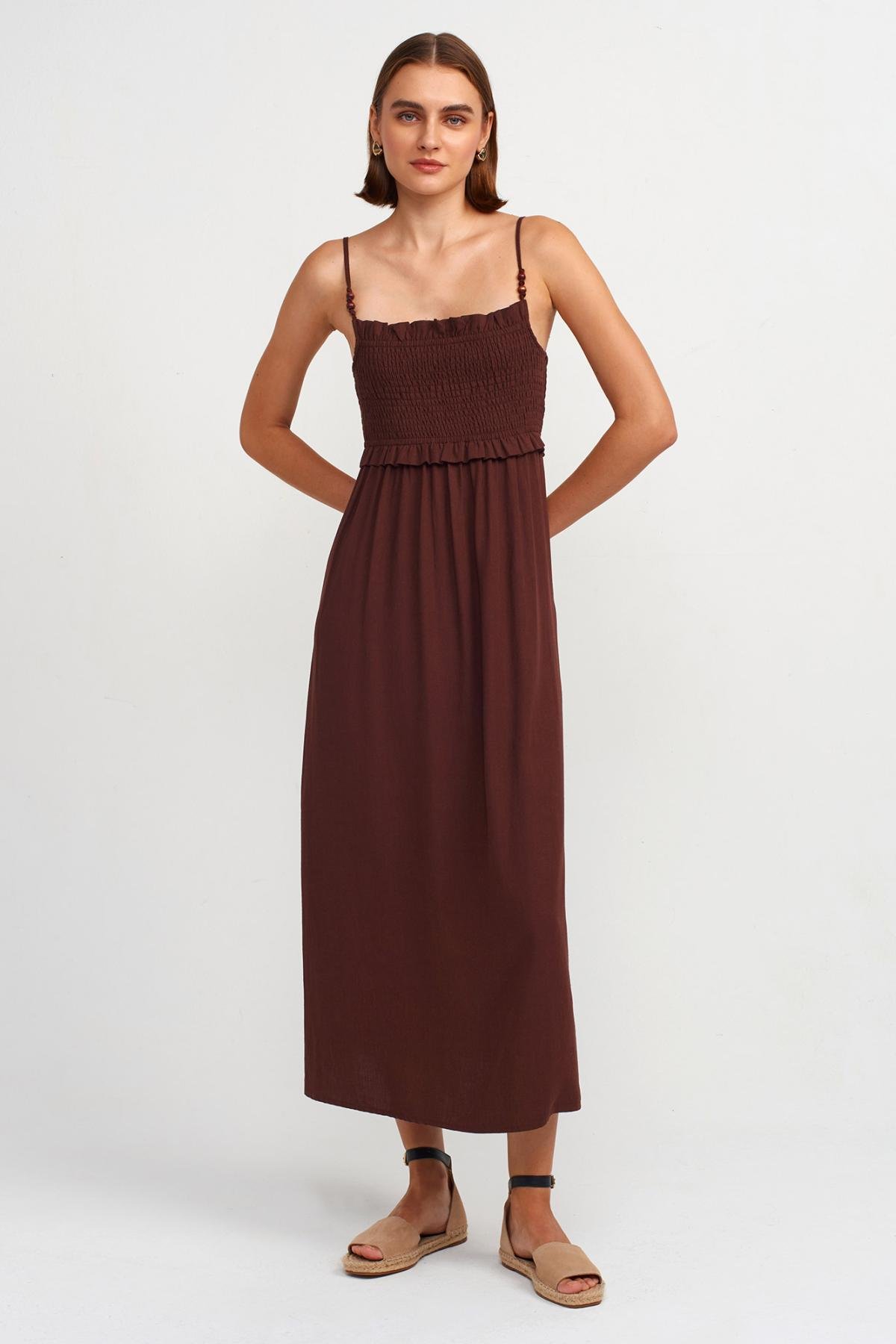 Wholesale Women Brown Pleated Midi Dress 725501