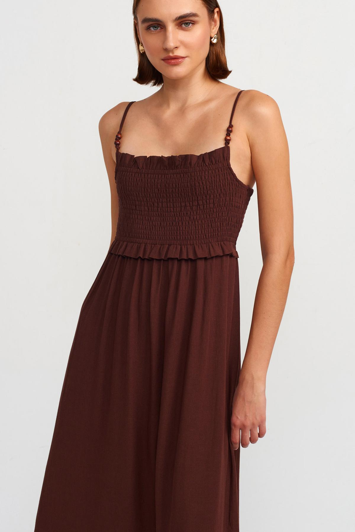 Wholesale Women Brown Pleated Midi Dress 725501