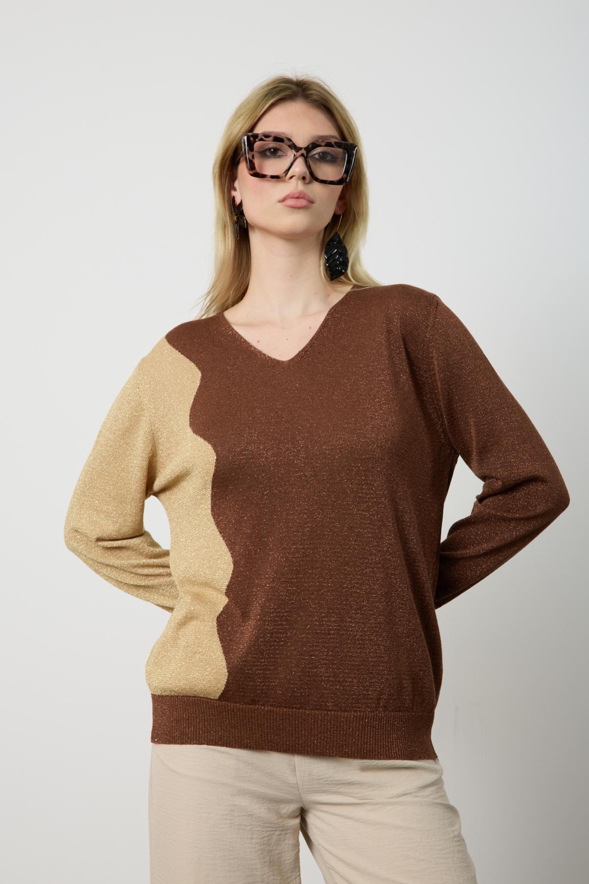 Wholesale Women Brown Two Tone Glittery V-Neck Knit Blouse 724838
