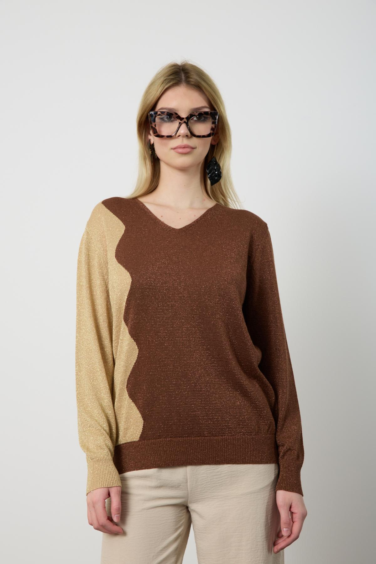 Wholesale Women Brown Two Tone Glittery V-Neck Knit Blouse 724838