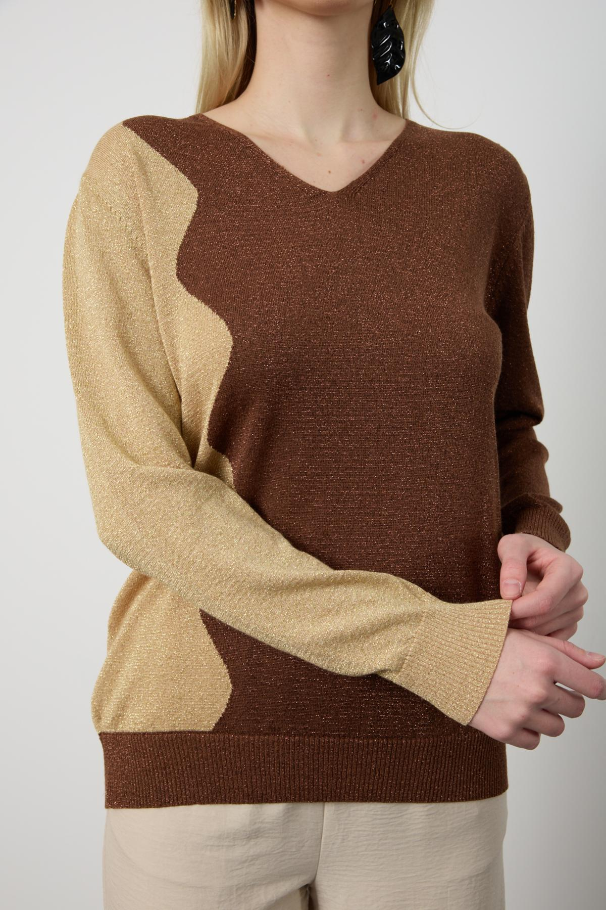 Wholesale Women Brown Two Tone Glittery V-Neck Knit Blouse 724838