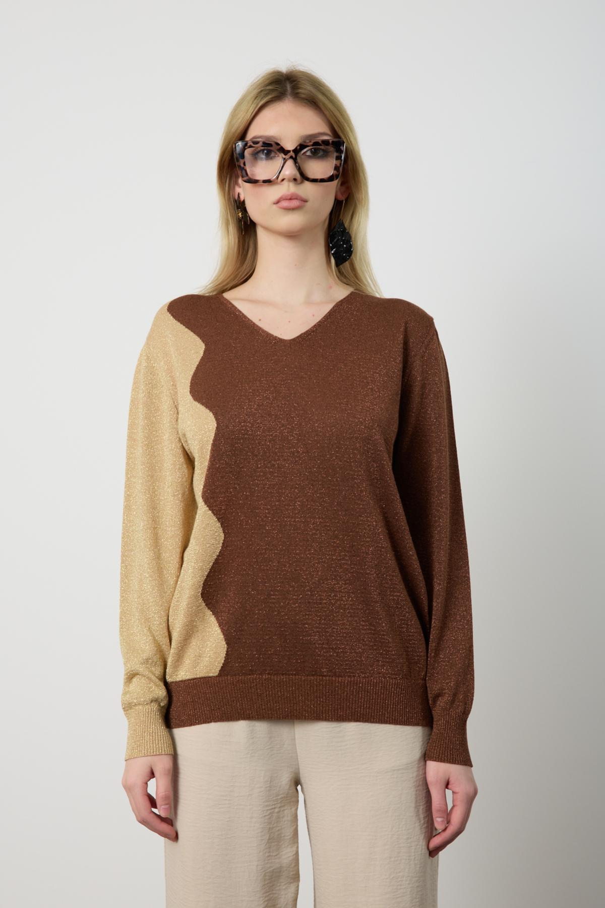 Wholesale Women Brown Two Tone Glittery V-Neck Knit Blouse 724838