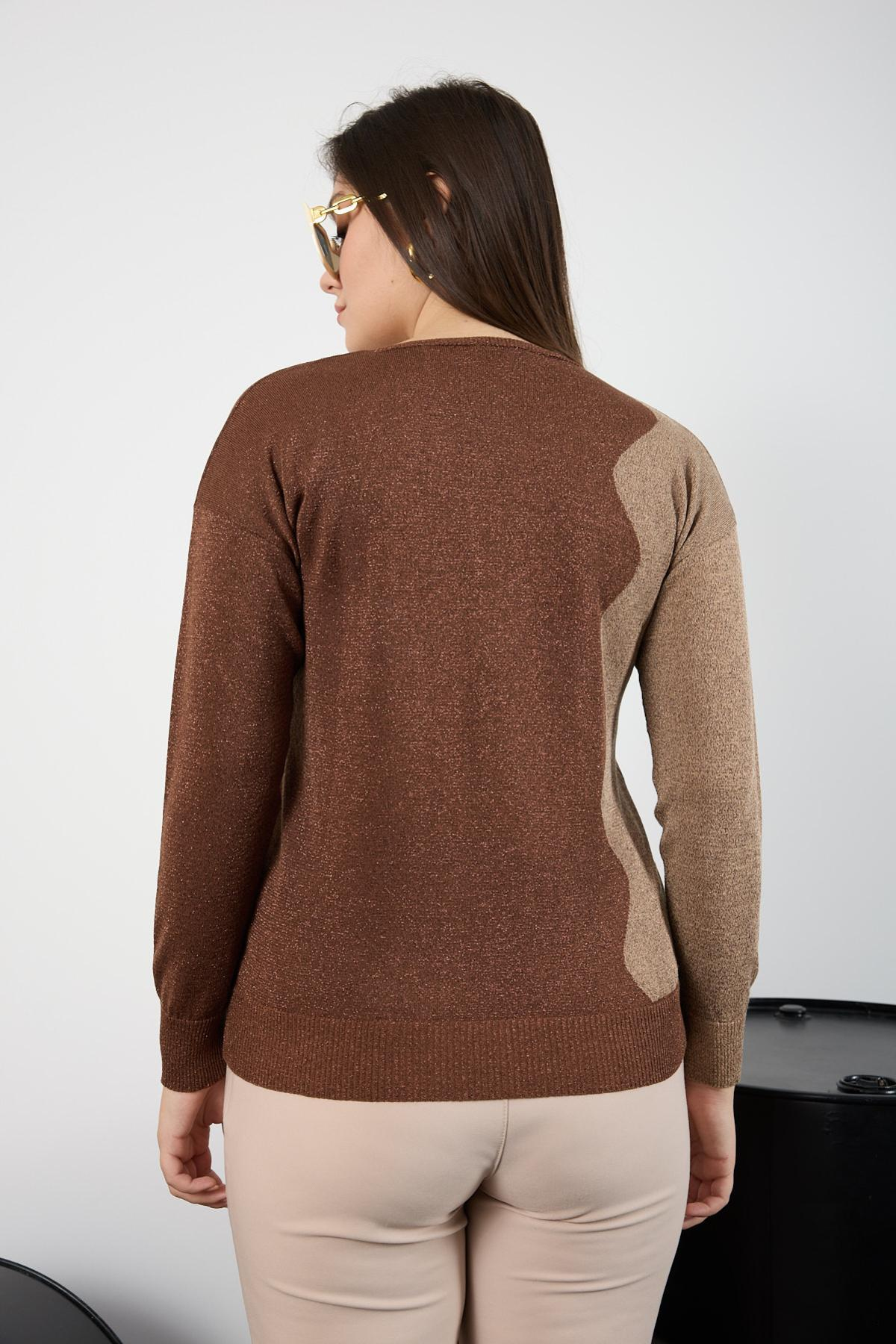 Wholesale Women Brown Two Tone Glittery V-Neck Knit Blouse 725243