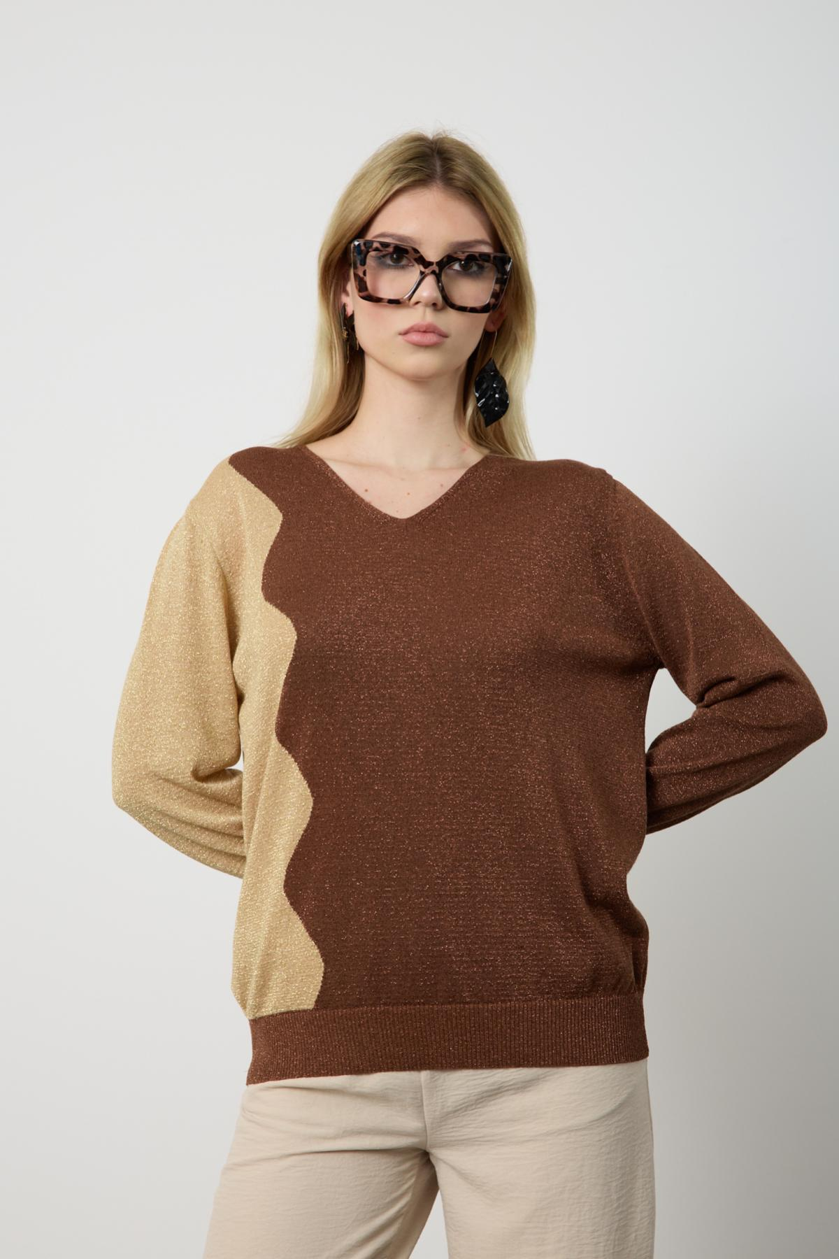 Wholesale Women Brown Two Tone Glittery V-Neck Knit Blouse 724838