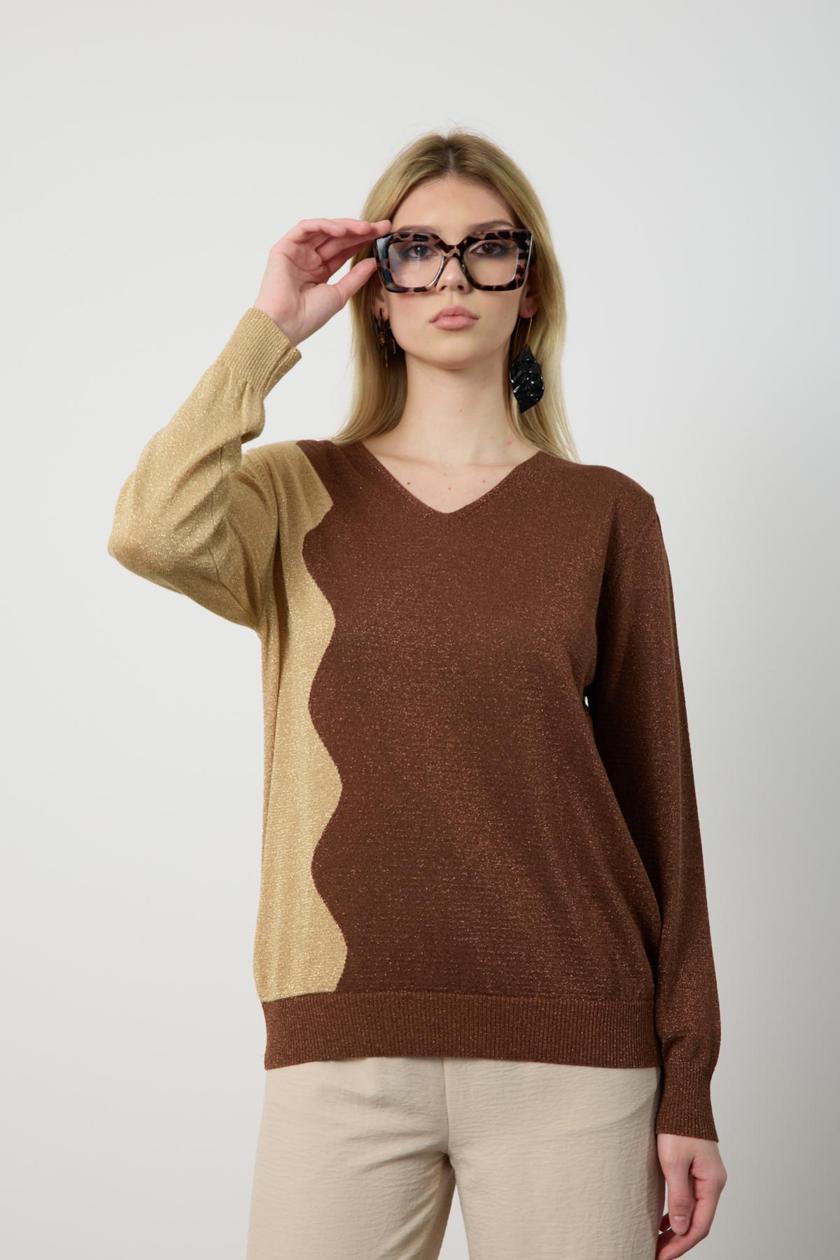 Wholesale Women Brown Two Tone Glittery V-Neck Knit Blouse 724838