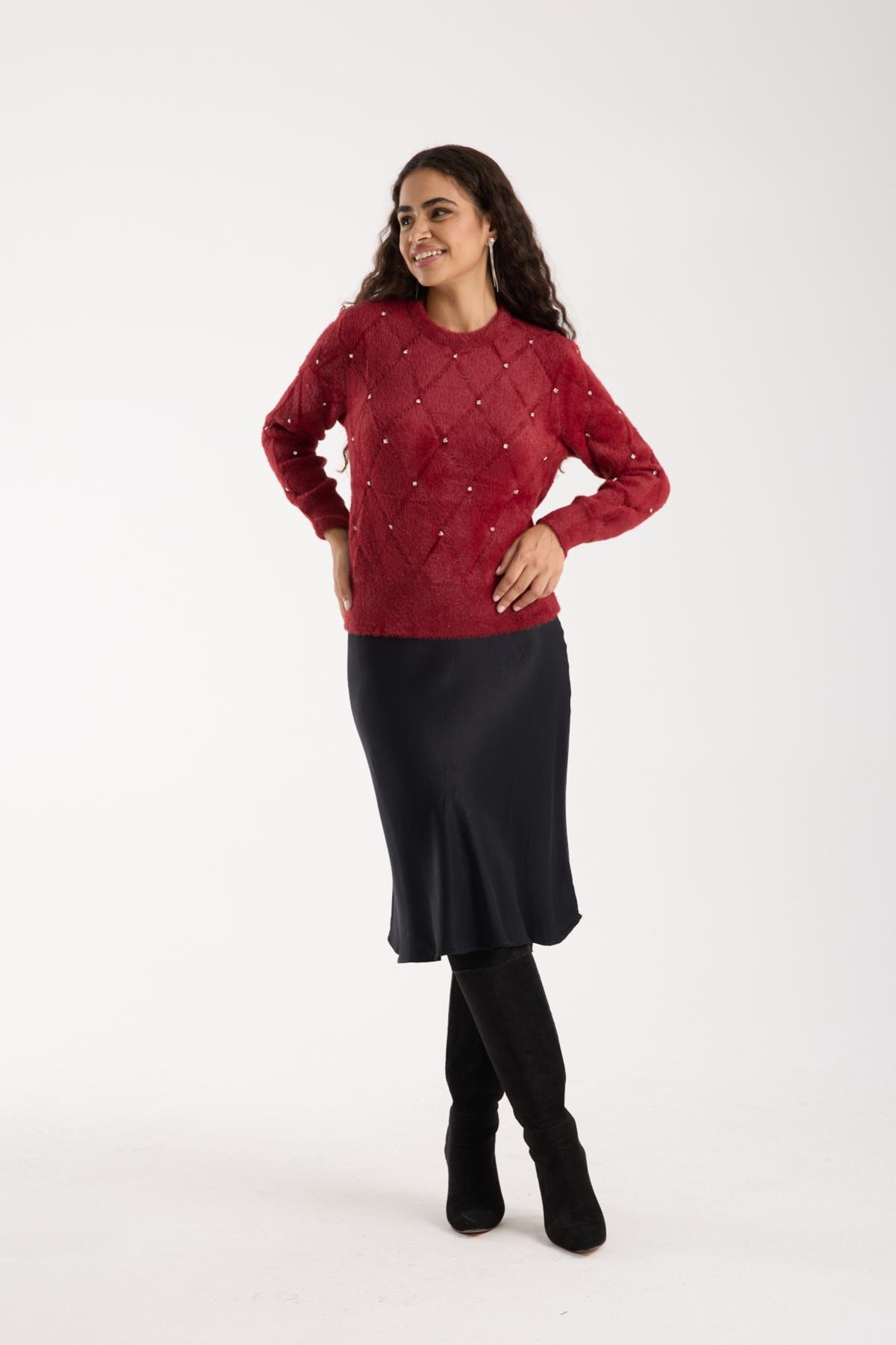 Wholesale Women Burgundy Crew-Neck Knit Blouse with Rhinestone Embellishments 738892