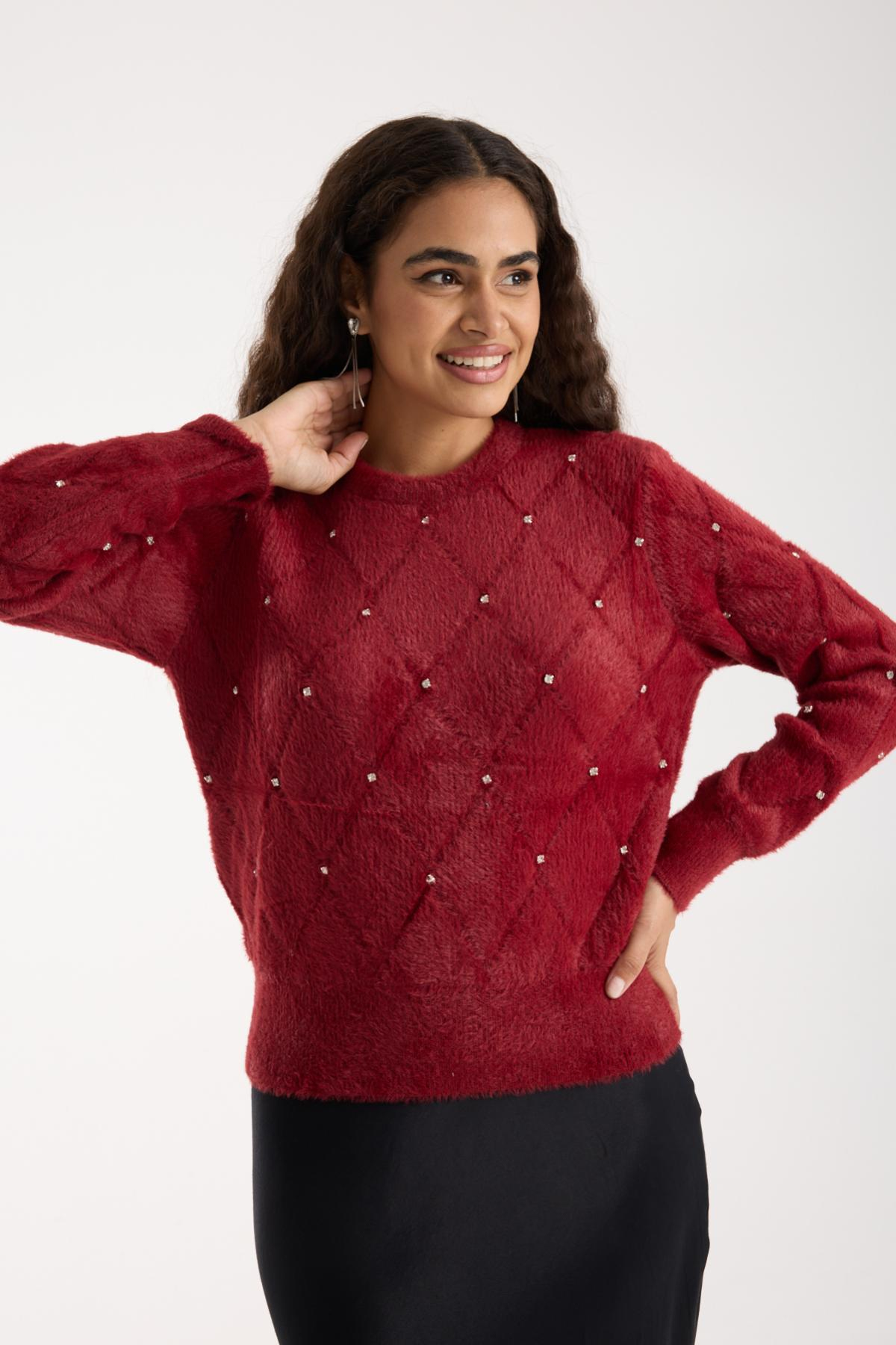 Wholesale Women Burgundy Crew-Neck Knit Blouse with Rhinestone Embellishments 738892
