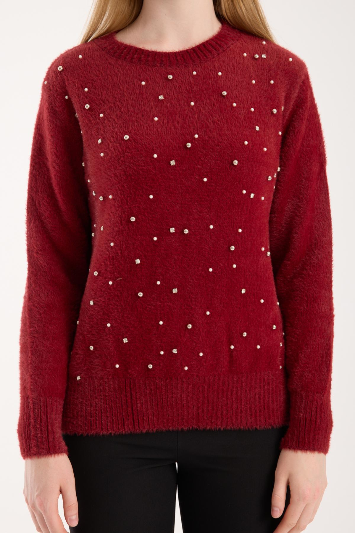 Wholesale Women Burgundy Crew-Neck Knit Blouse with Rhinestone and Pearl Embellishments 738890