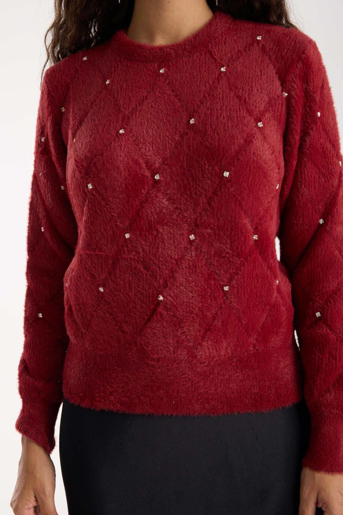 Wholesale Women Burgundy Crew-Neck Knit Blouse with Rhinestone Embellishments 738892