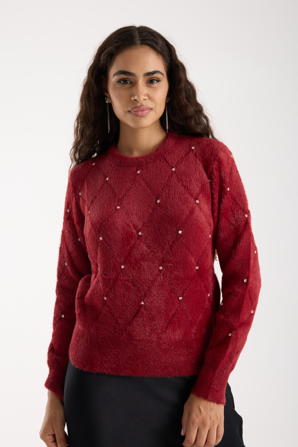 Wholesale Women Burgundy Crew-Neck Knit Blouse with Rhinestone Embellishments 738892