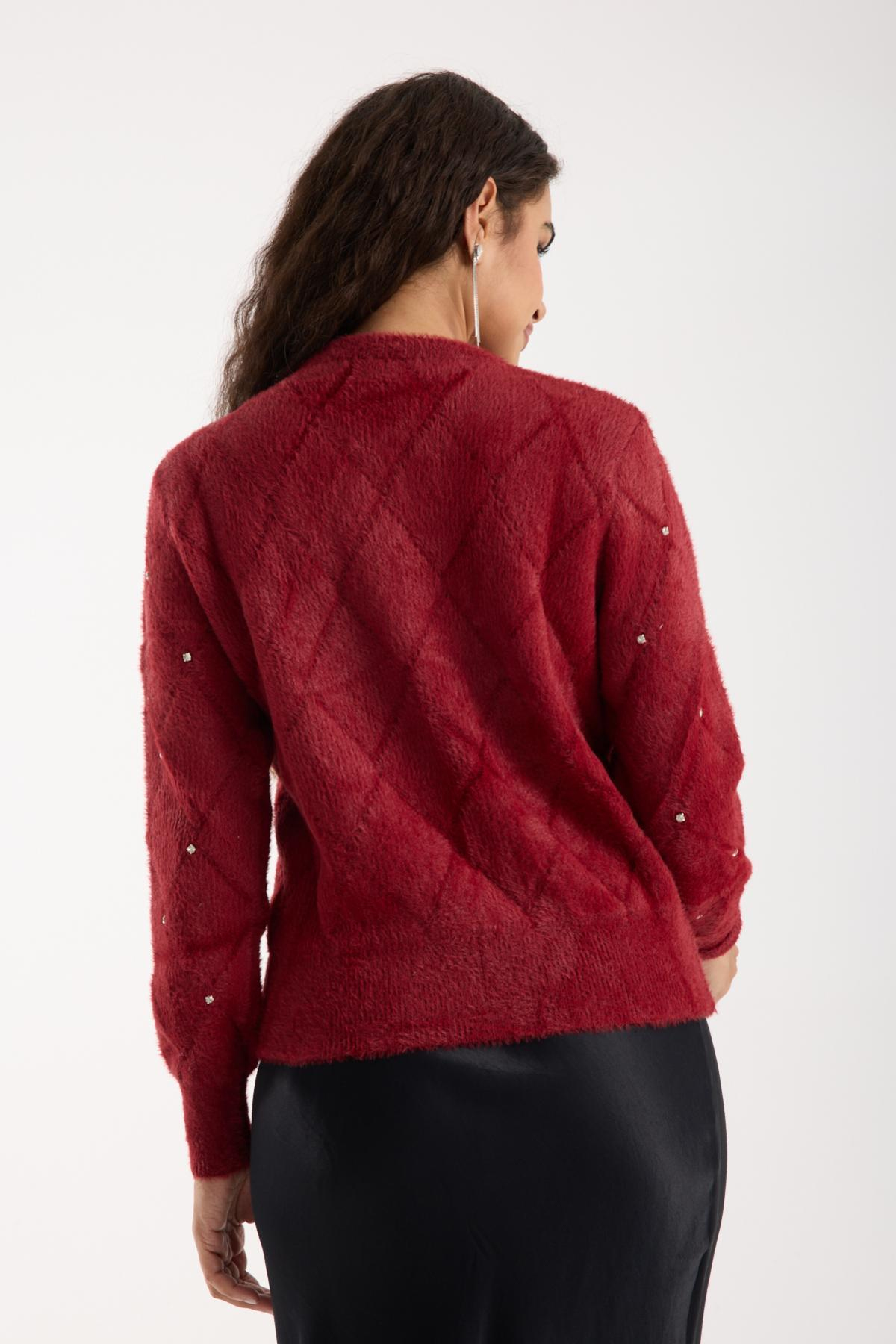 Wholesale Women Burgundy Crew-Neck Knit Blouse with Rhinestone Embellishments 738892