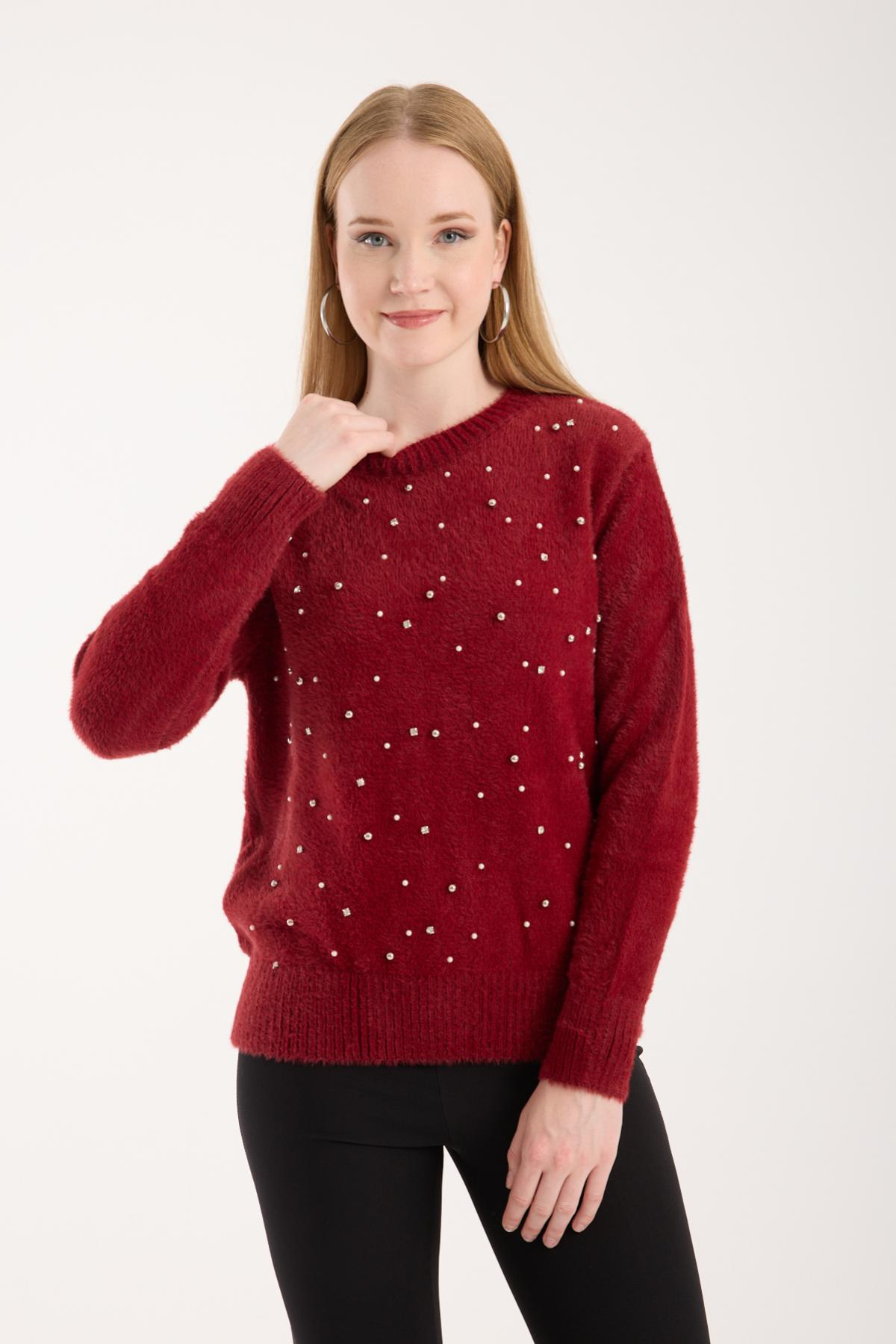Wholesale Women Burgundy Crew-Neck Knit Blouse with Rhinestone and Pearl Embellishments 738890