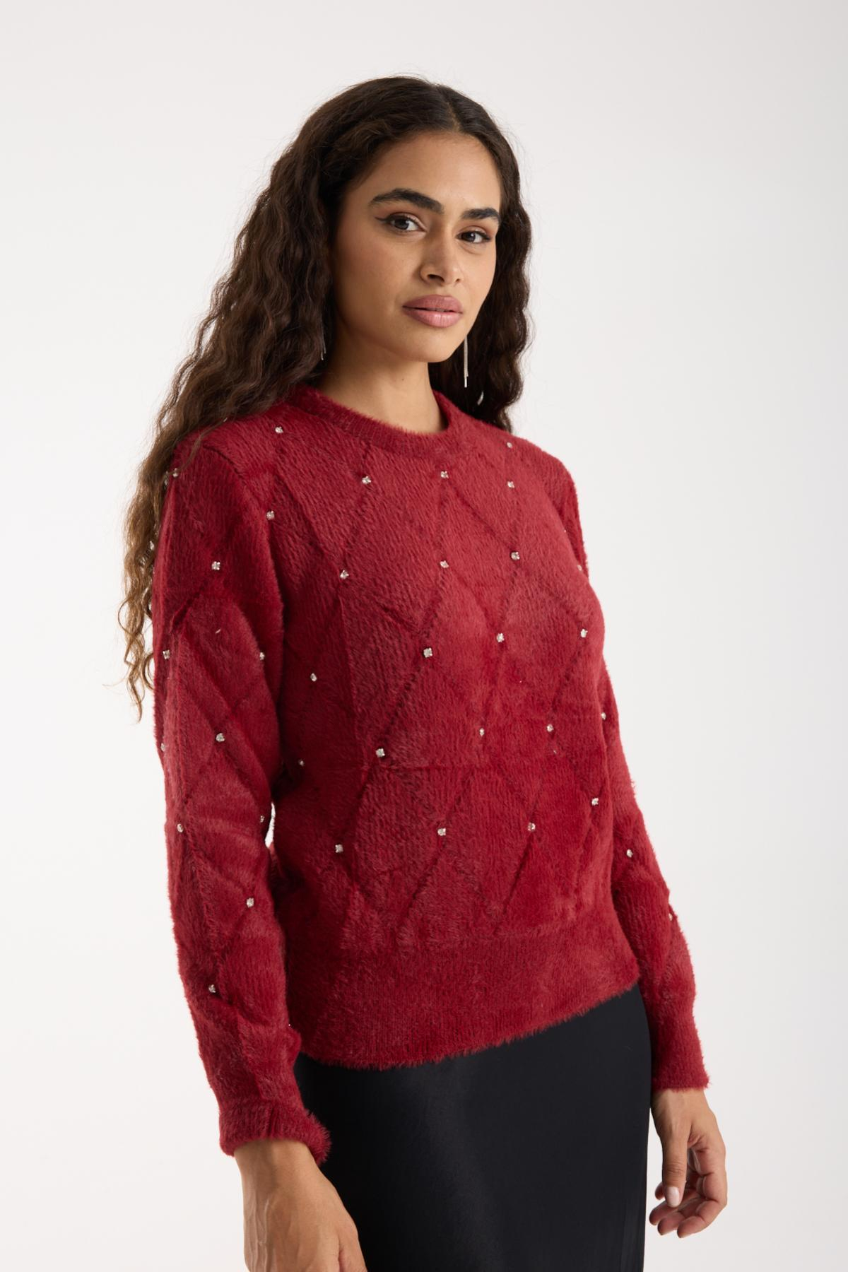 Wholesale Women Burgundy Crew-Neck Knit Blouse with Rhinestone Embellishments 738892