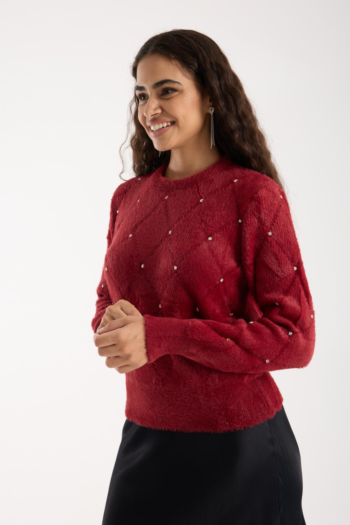 Wholesale Women Burgundy Crew-Neck Knit Blouse with Rhinestone Embellishments 738892