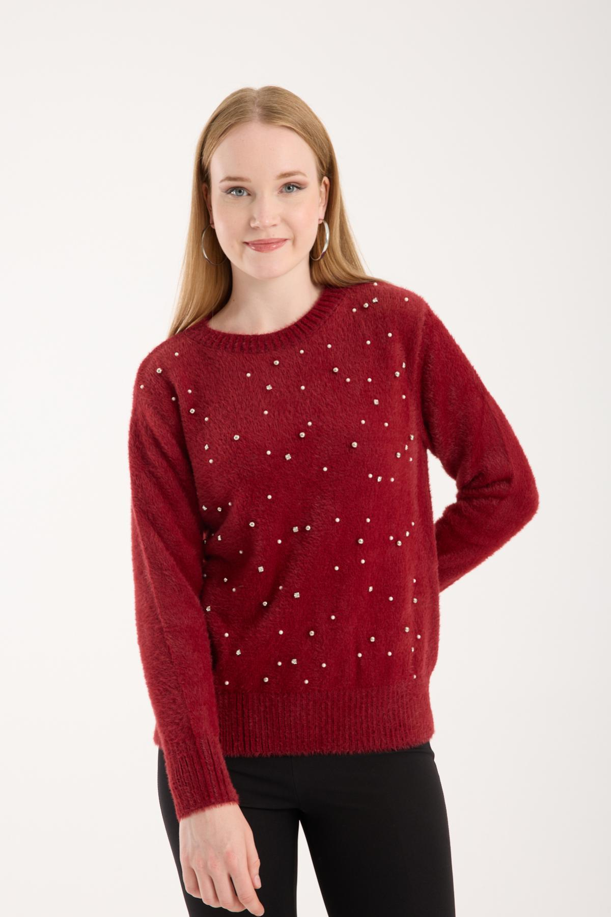 Wholesale Women Burgundy Crew-Neck Knit Blouse with Rhinestone and Pearl Embellishments 738890