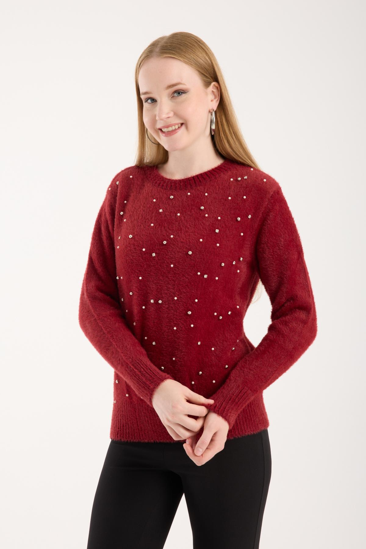 Wholesale Women Burgundy Crew-Neck Knit Blouse with Rhinestone and Pearl Embellishments 738890