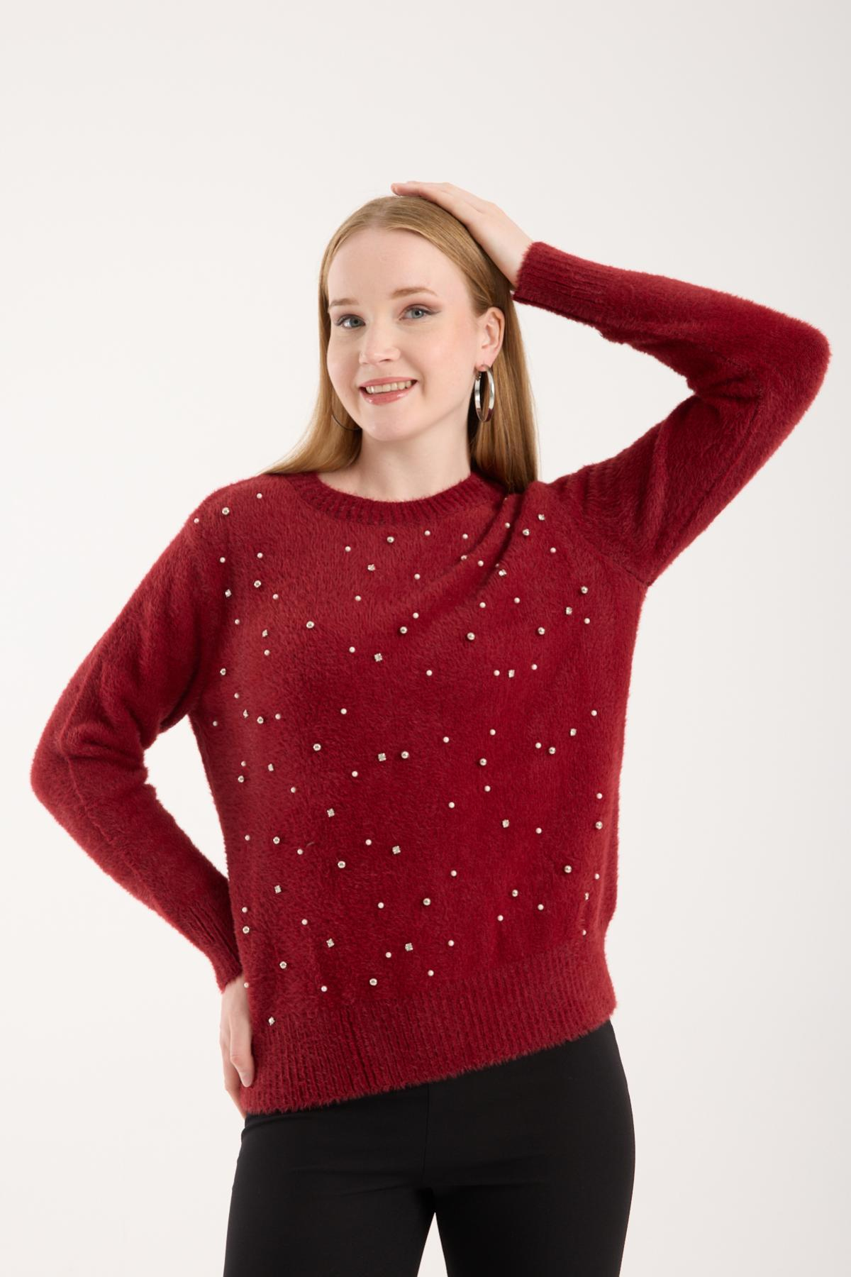Wholesale Women Burgundy Crew-Neck Knit Blouse with Rhinestone and Pearl Embellishments 738890