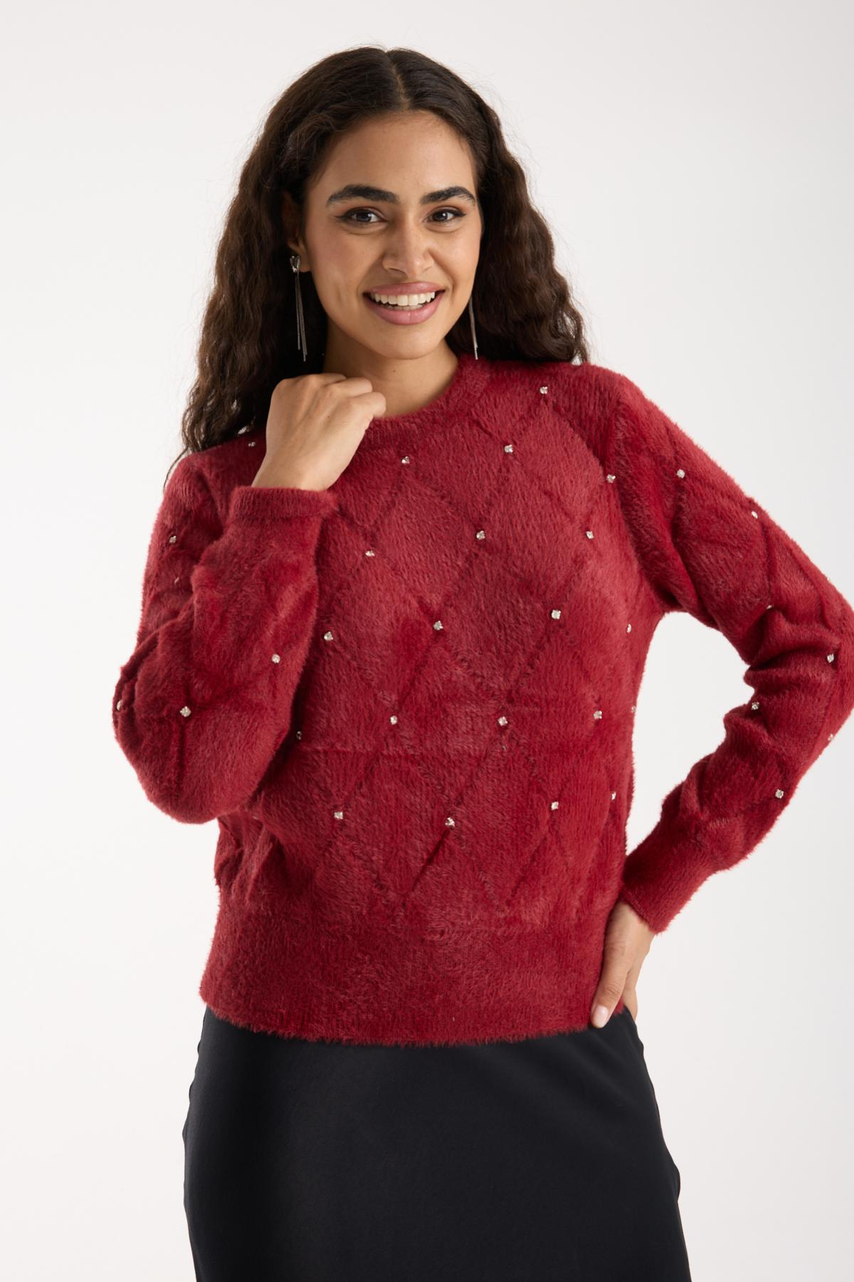 Wholesale Women Burgundy Crew-Neck Knit Blouse with Rhinestone Embellishments 738892