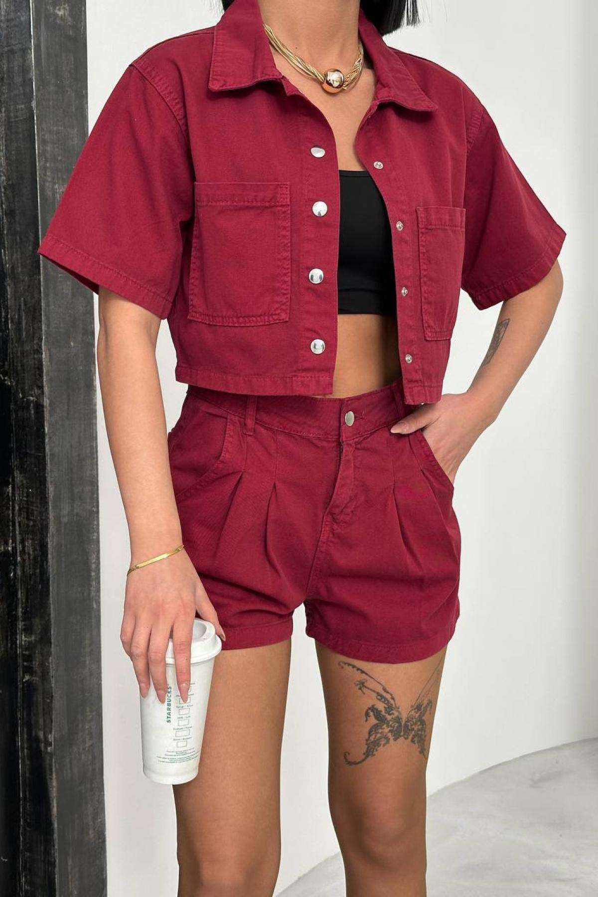Wholesale Women Burgundy Crop Suit with Shorts 732086