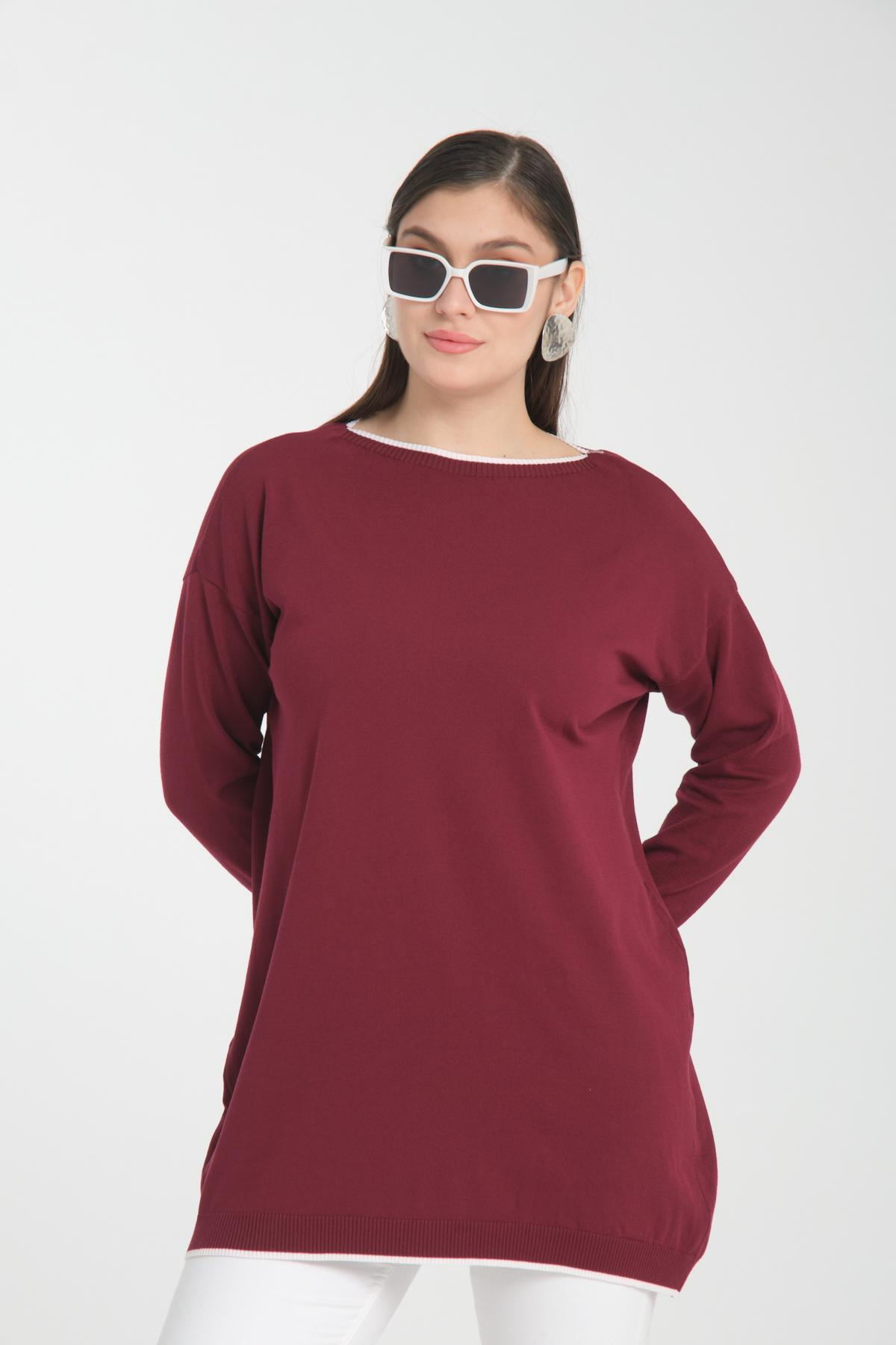 Wholesale Women Burgundy Garnished Boat Neck Knit Blouse 722658
