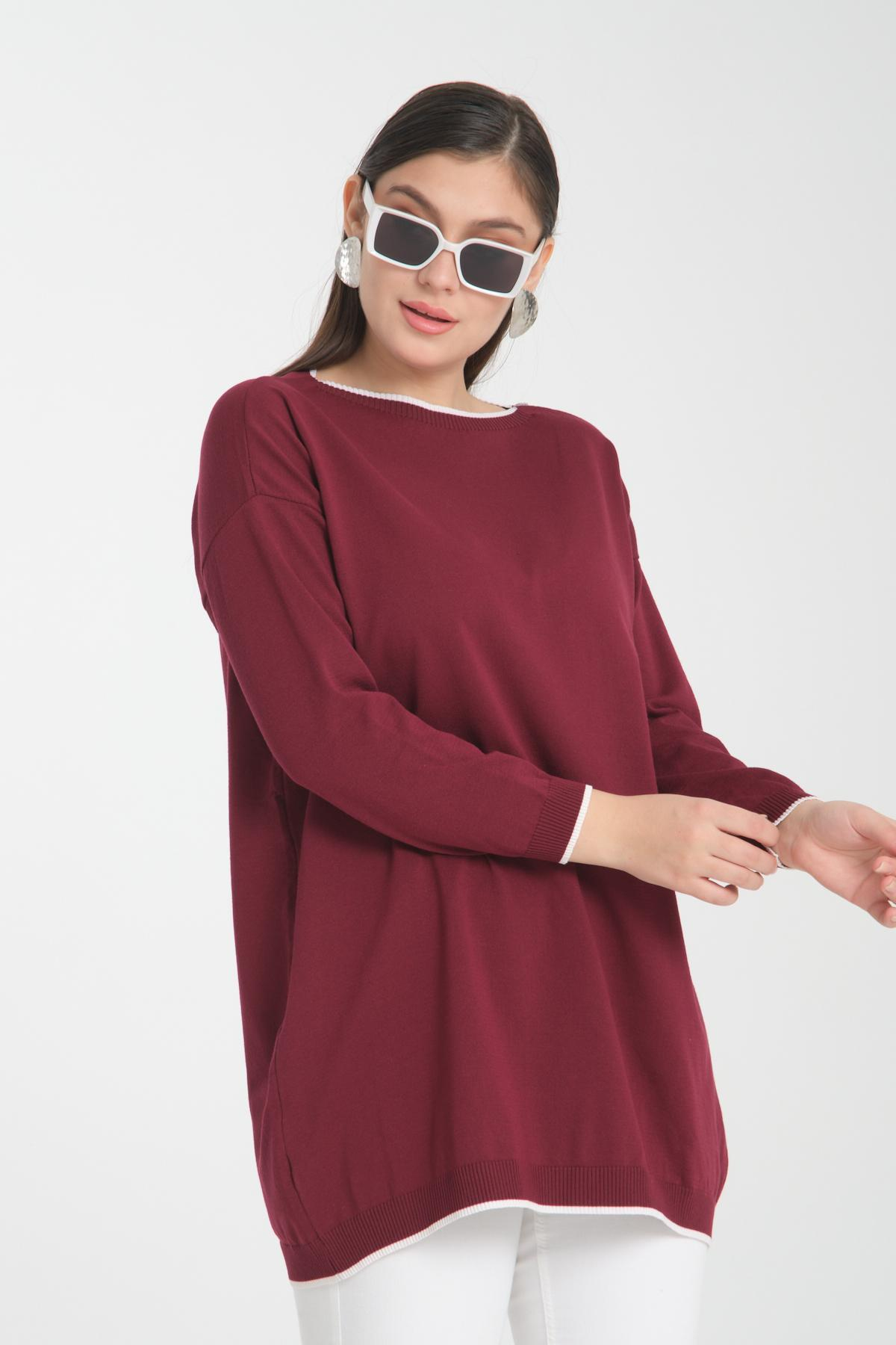 Wholesale Women Burgundy Garnished Boat Neck Knit Blouse 722658