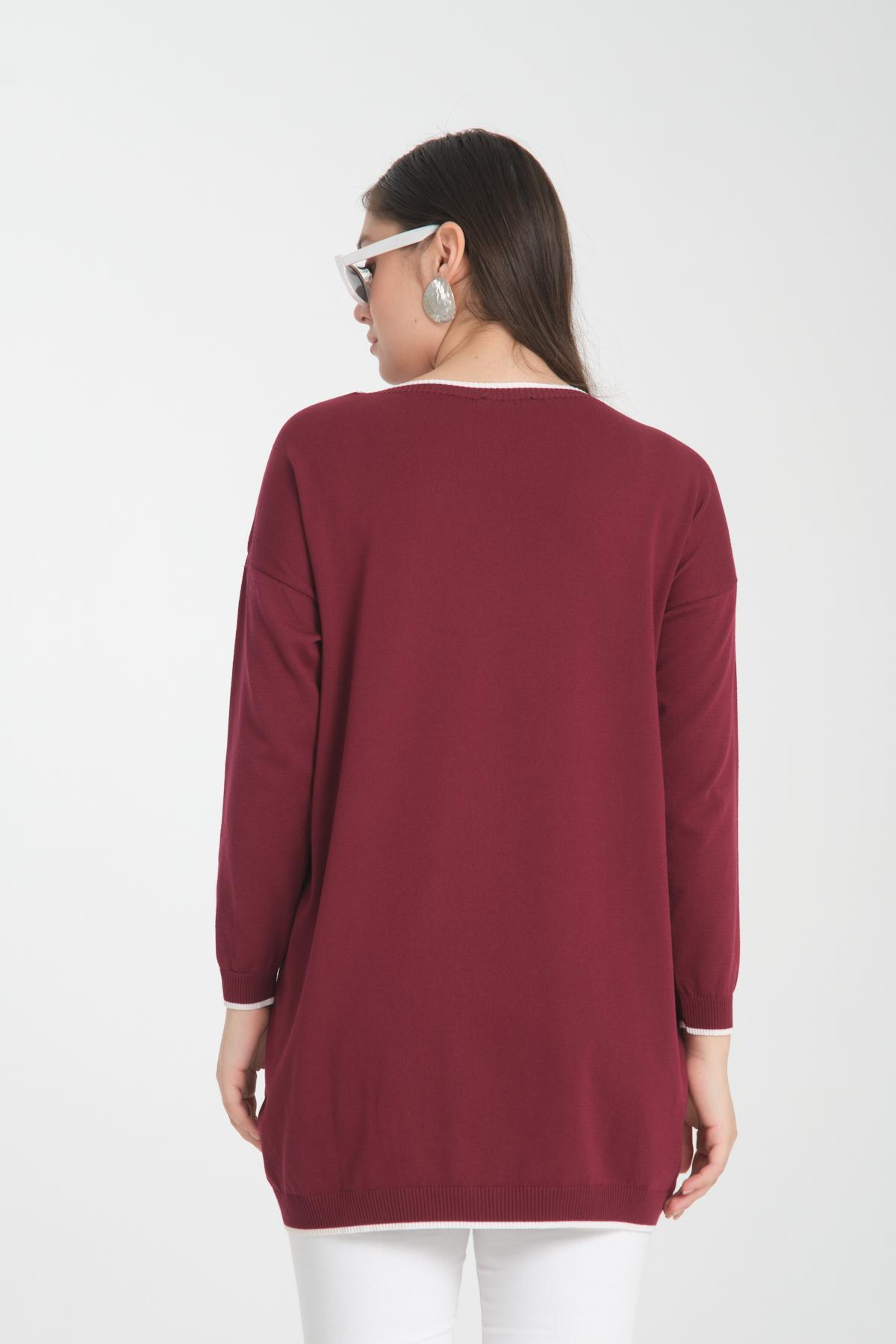 Wholesale Women Burgundy Garnished Boat Neck Knit Blouse 722658