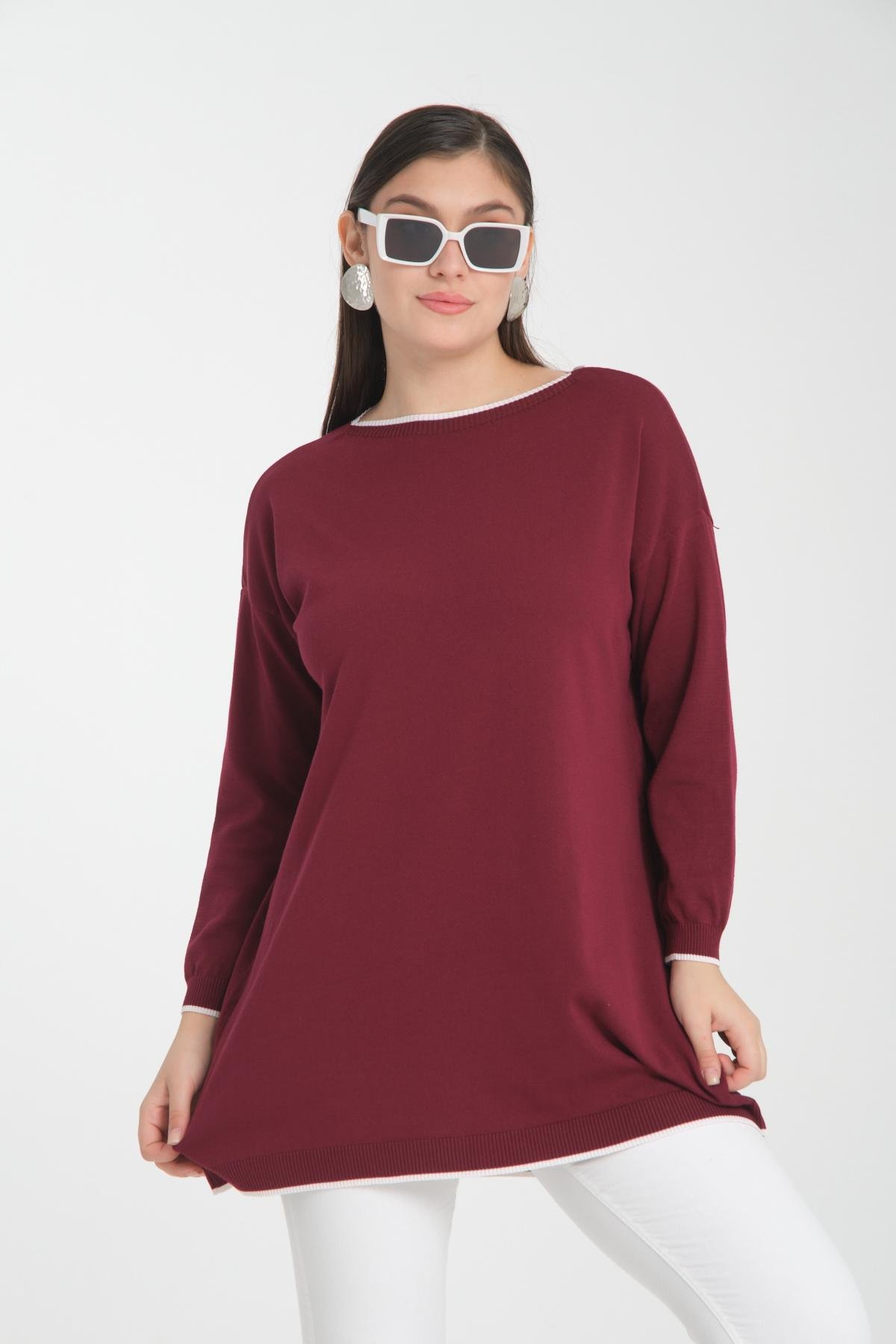Wholesale Women Burgundy Garnished Boat Neck Knit Blouse 722658