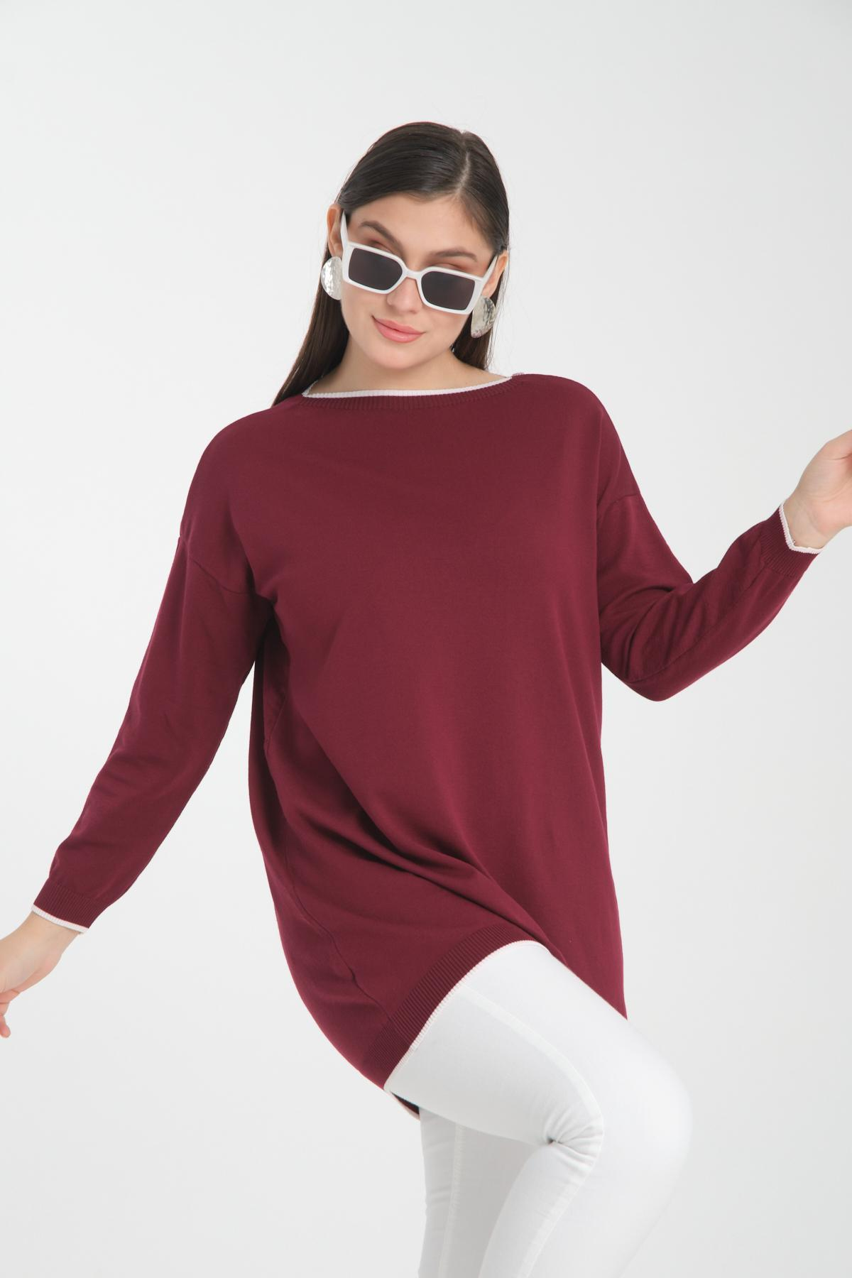 Wholesale Women Burgundy Garnished Boat Neck Knit Blouse 722658