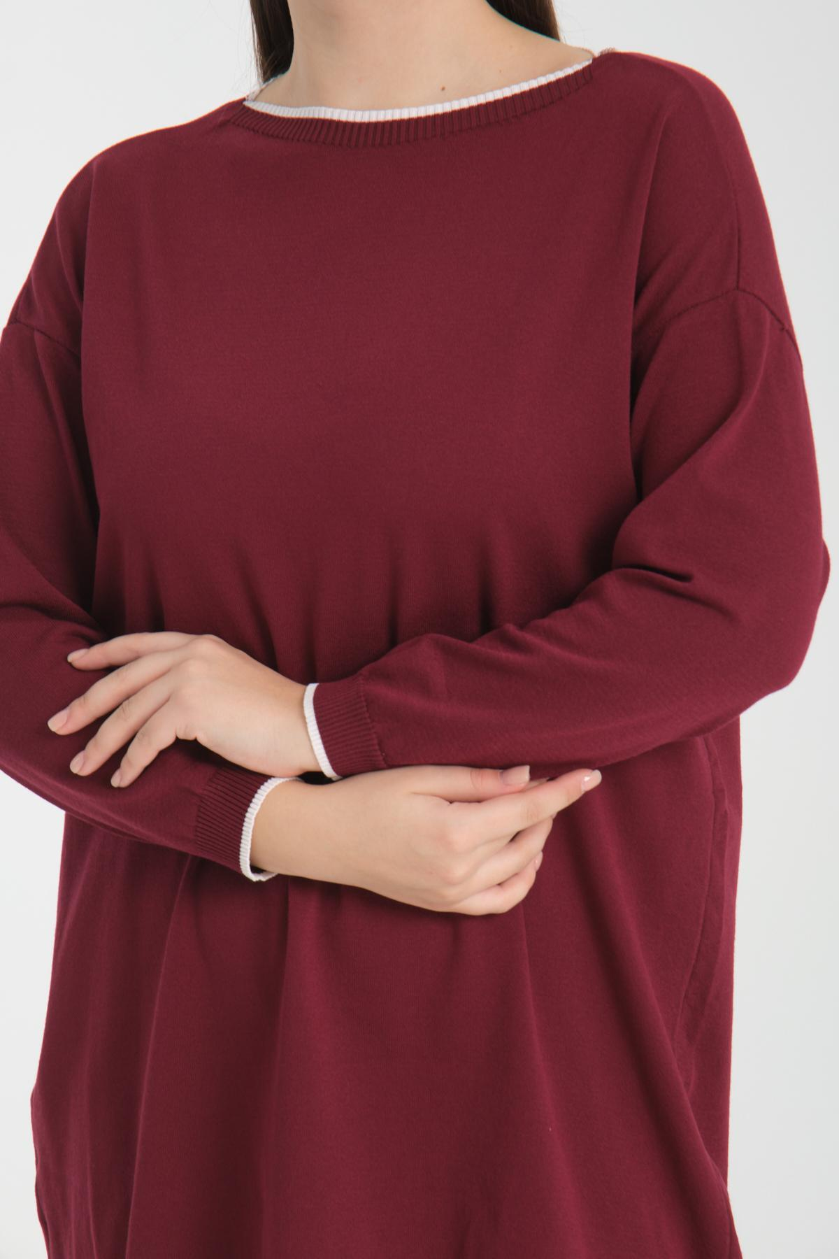 Wholesale Women Burgundy Garnished Boat Neck Knit Blouse 722658