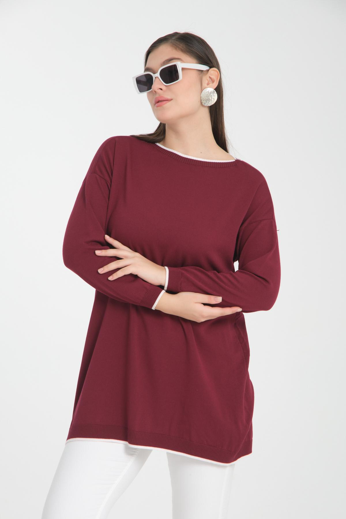 Wholesale Women Burgundy Garnished Boat Neck Knit Blouse 722658
