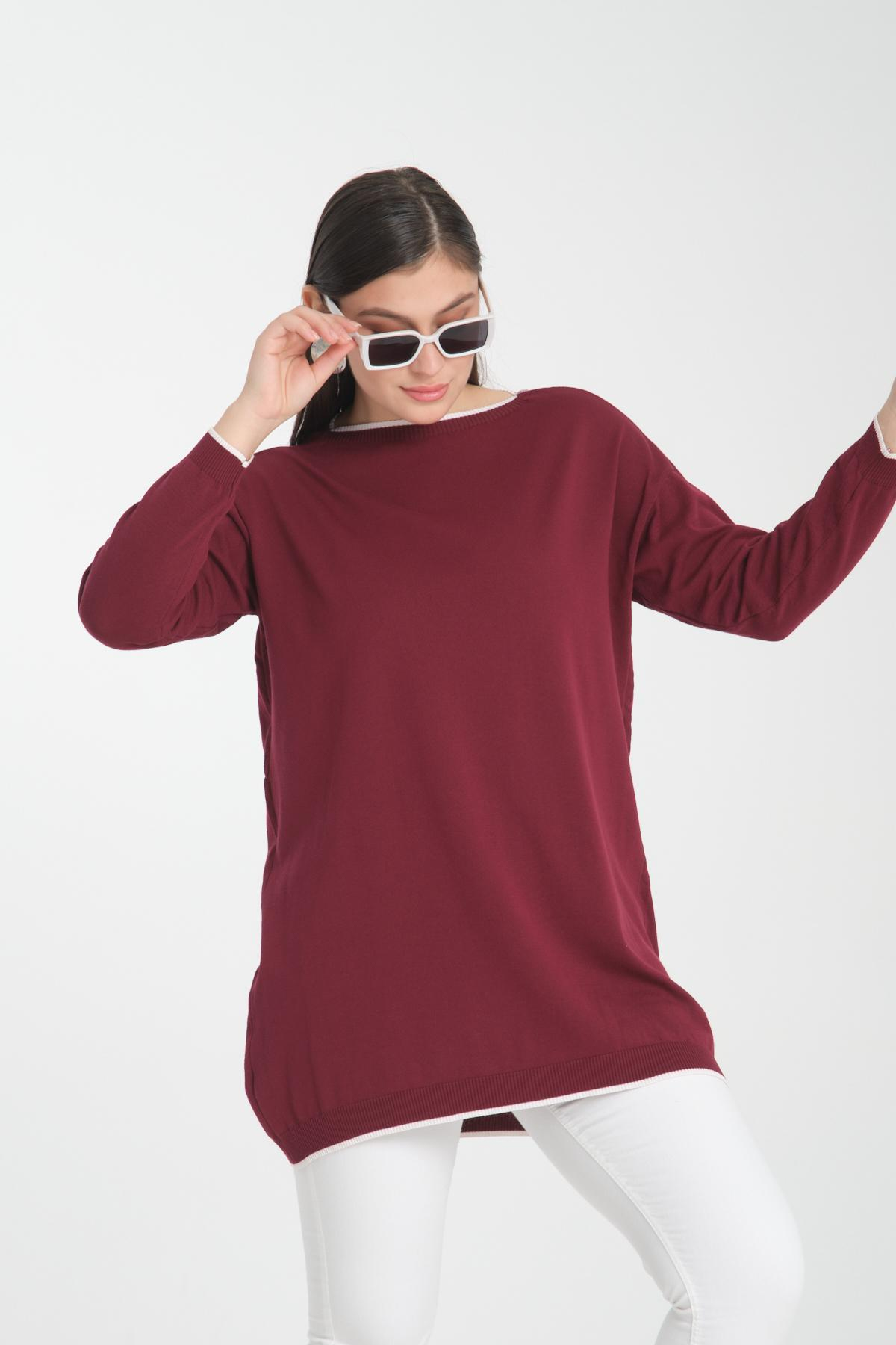 Wholesale Women Burgundy Garnished Boat Neck Knit Blouse 722658