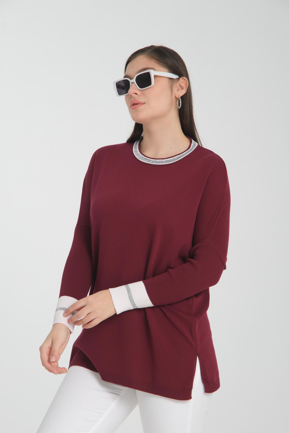 Wholesale Women Burgundy Glitter Garnished Crew Neck Knit Blouse with Side Slits 722652