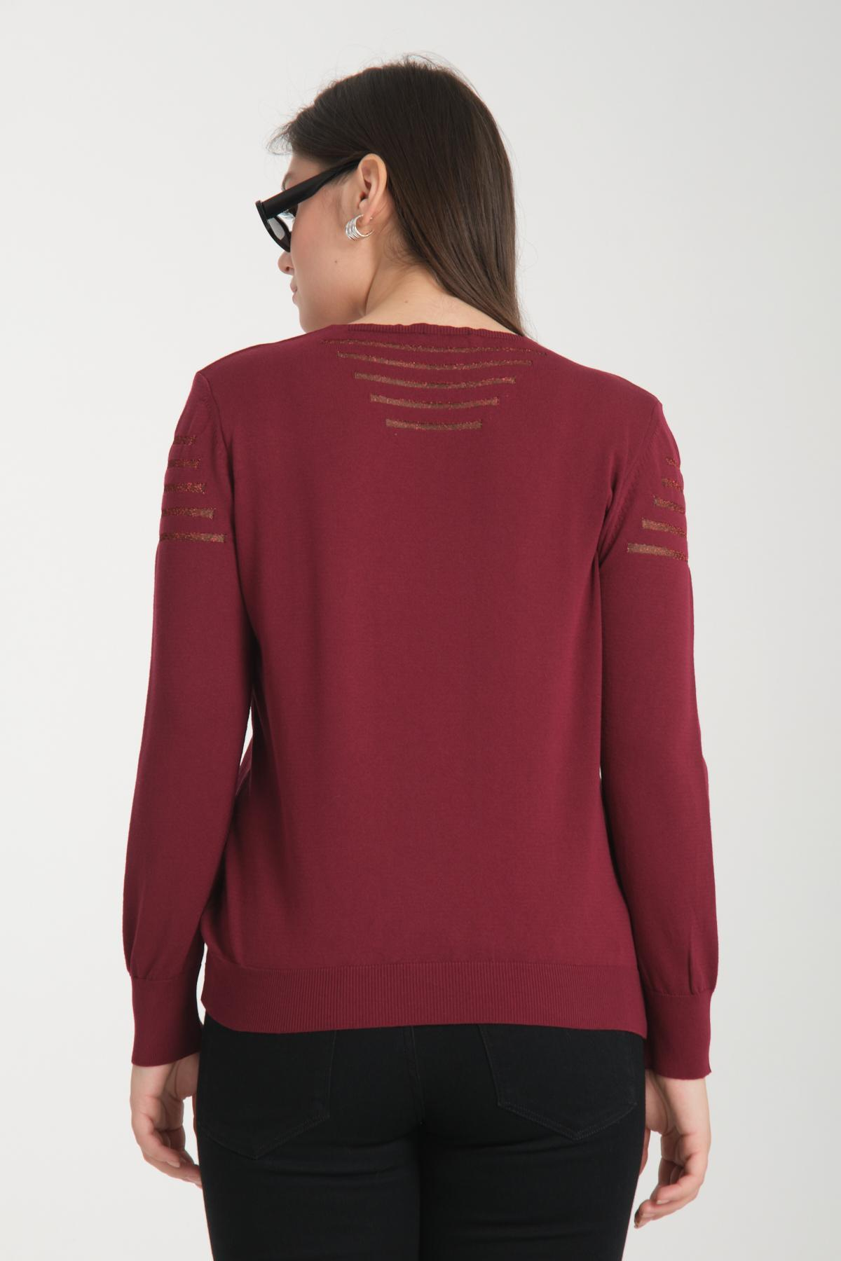 Wholesale Women Burgundy Glitter Garnished V Neck Knit Blouse 722620