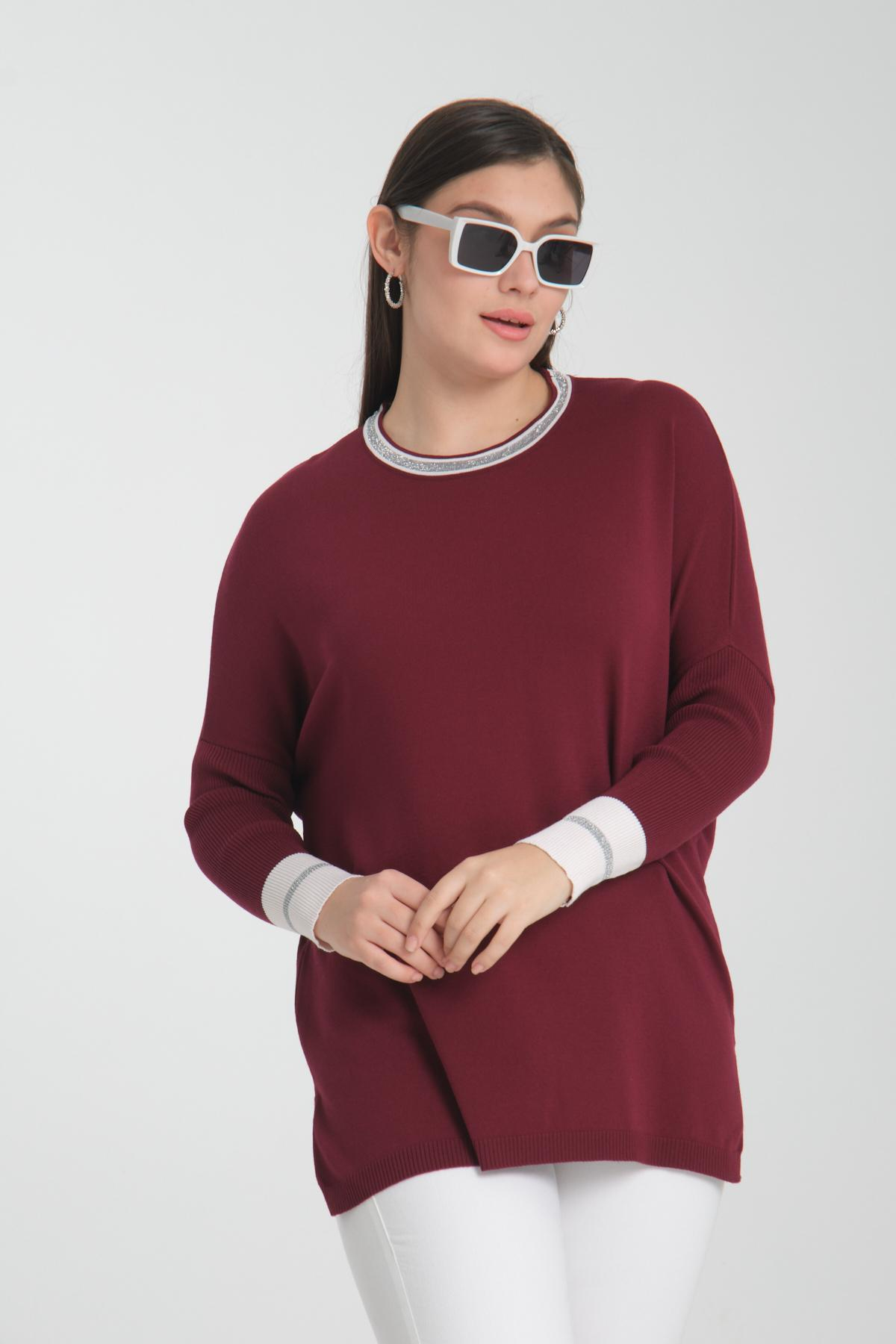 Wholesale Women Burgundy Glitter Garnished Crew Neck Knit Blouse with Side Slits 722652