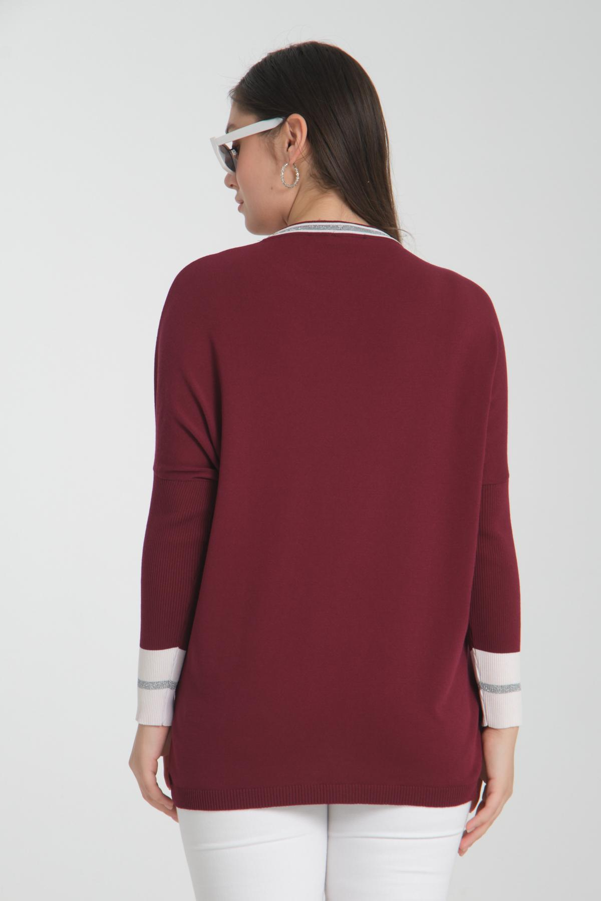 Wholesale Women Burgundy Glitter Garnished Crew Neck Knit Blouse with Side Slits 722652