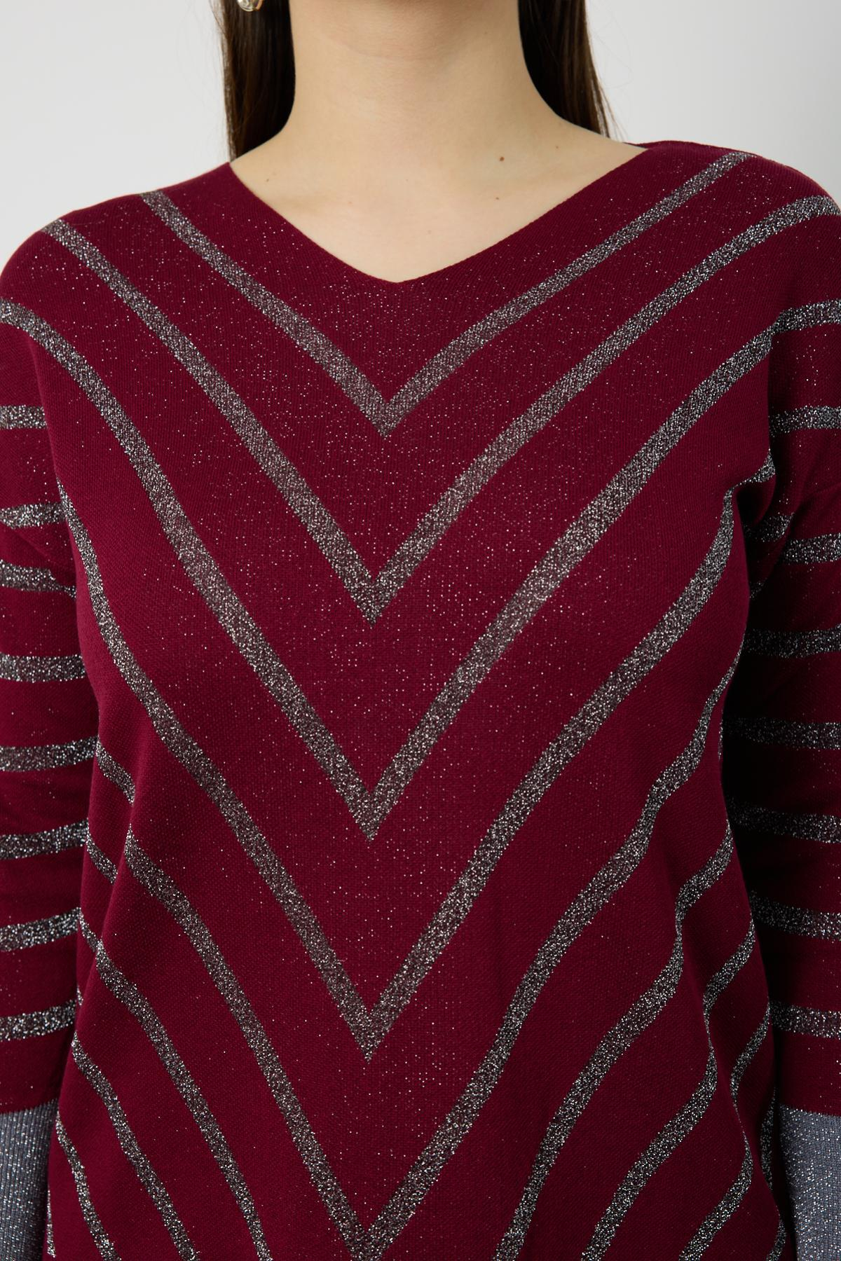 Wholesale Women Burgundy Glitter V Neck Knit Blouse with Buttons on Sleeves 724820