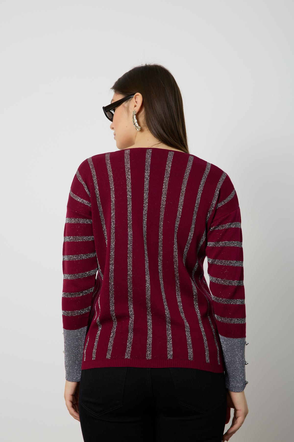 Wholesale Women Burgundy Glitter V Neck Knit Blouse with Buttons on Sleeves 724820